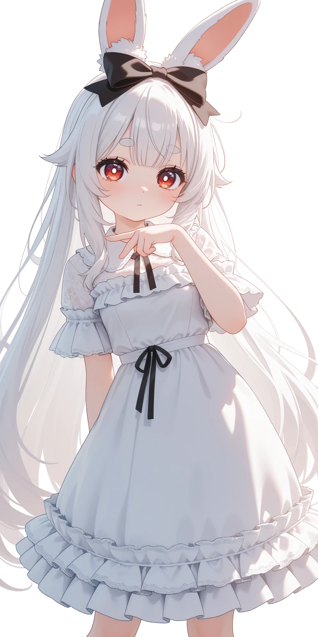 (solo:1.2),1girl\(chibi,cute,kawaii,(white hair:1.4),(very long hair:1.6),bangs,(ear\(fluffy,white,rabbit-ear\):1.4),red eye,big eye,beautiful shiny eye,detailed pupils,skin color white,big black hairbow,(white frilled silky dress:1.3),breast,cute pose,cute hand sign\),background\(colorful roses,by the beautiful lake,((beautiful sunny day))\),,close-up girl,3d,(((dynamic pose))),masterpiece,best quality,newest,