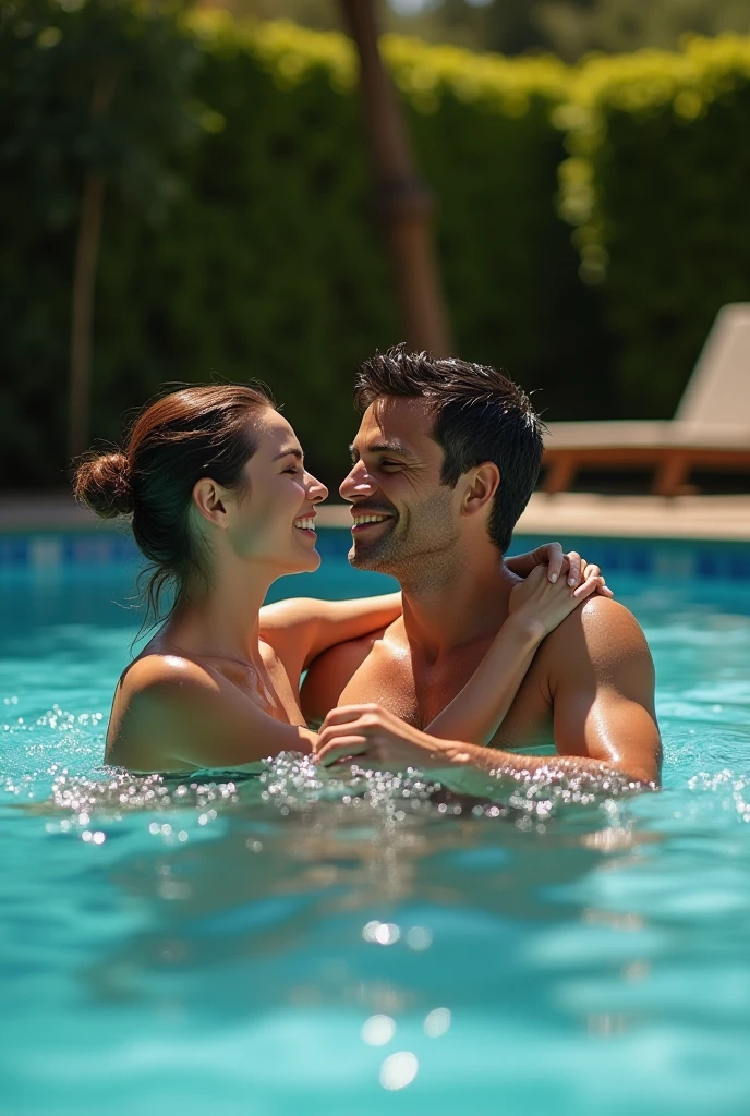 Naked man and woman, the woman without panties and without bra in a swimming pool, the woman in the four position