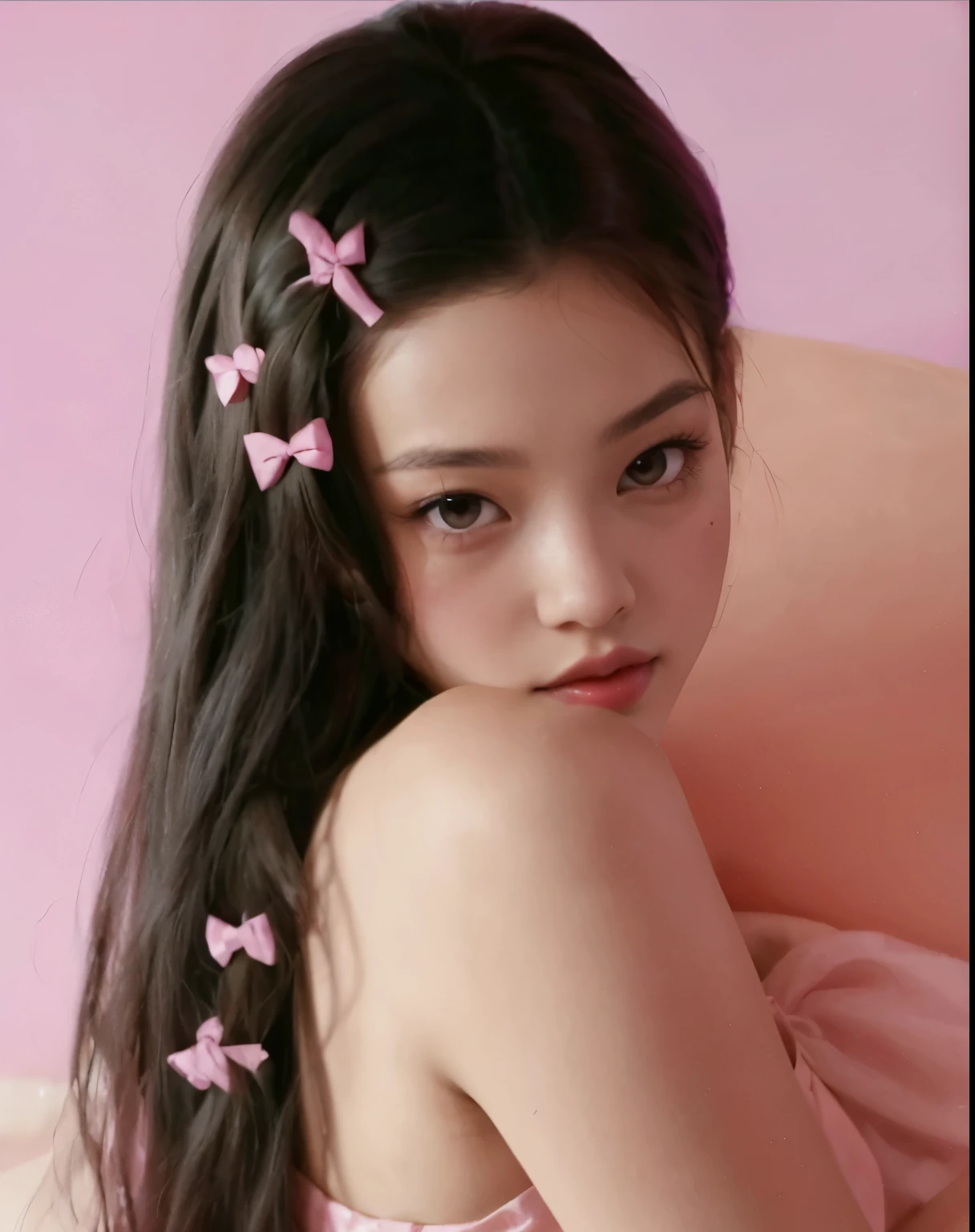 A close-up of a woman with long hair and a pink dress, jennie rosa negra, jossi de blackpink, portrait of jisoo blackpink, jisoo of blackpink, jisoo of blackpink, portrait of Jisoo from Blackpink, Cute aesthetic with flutter, ulzzang, pink hair covered in hairpins,  pigtail hairstyle , Kim Taijin, wearing a pink hair bow, park from-min