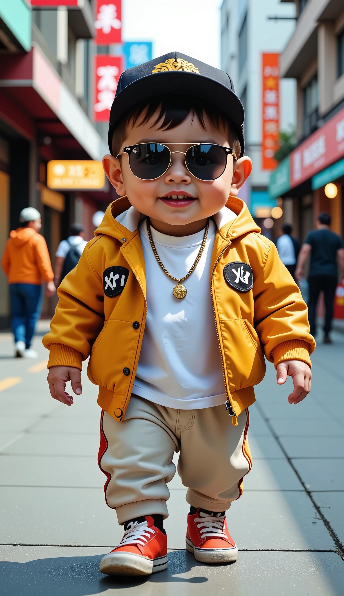 "Ultra-realistic 3D image of a cute, chubby Thai baby boy, dressed in a stylish K-pop dancer outfit, including a trendy jacket, oversized t-shirt, and matching pants. He is wearing a fashionable cap and sunglasses, exuding confidence and style as he walks down a sidewalk. The background features a lively urban setting with bustling streets and tall buildings, adding to the vibrant atmosphere. His playful smile and cool demeanor make him the center of attention, all captured in stunning 8K resolution."
