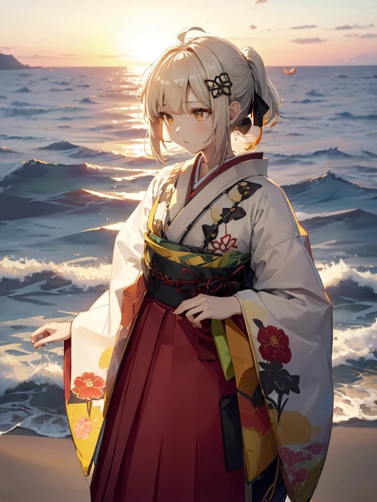 (The background is the center :1.5)、(The sun is coming out of the horizon :1.3)、(dawn:1.3)、 Japanese Shrine、 a torii gate is built in the ocean 、 mystical atmosphere、(One ******************)、scene_ Arknights、ahoge, hair_ Ornaments , short_hair、( ponytail tied with a black ribbon)、yellow_eye,8k、 top quality , masterpiece,  high res, UHD、Alone, super detail、 Perfect Anatomy、(White Japanese kimono:1.4)、( red skirt :1.4)、 black boots 、 the girl is standing