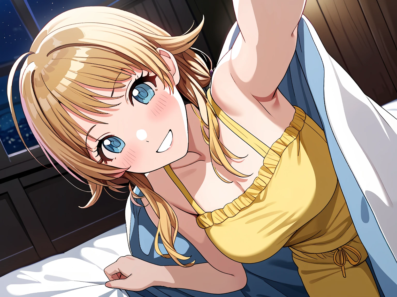 (masterpiece), (Highest quality), (Very detailed), (The best shape), (Best Shadow), (Absurd), (Detailed Background), (so beautiful), Shiny, Beautiful eyes in every detail, Extraordinary, Countershading, 8k, 32K, High resolution, Very Detailed CG,

Hachimiya Meguru, blonde hair, long hair, (blue eyes:1.2),
the idolmaster shiny colors,
anime style,
realistic skin,

(blush:1.3),
happy,
smile,
bedroom,
yellow pajamas ,
pov across bed,
bed invitation,  lifting covers,
(pich-Dark Room:1.2),
(late night,:1.3)
わずかな明かり,
(closed-up shot:1.3),