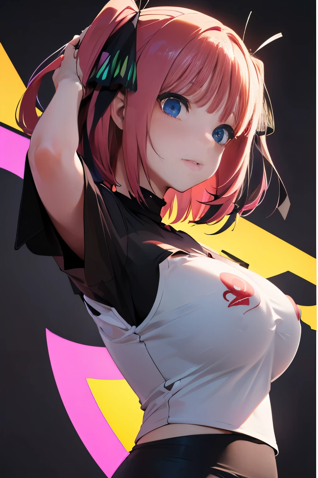 Optimal，masterpiece，   High Definition  ， top quality，Hyper HD，  super detailed ，Awards，16k，Alone，（  upper body），   cute face，，  pink hair、  twin tails、Hairline， has long eyelashes，   white skin，(( taken from the front:1.5)), (( Fitted Black Tee :1.5)), ((Depiction of nipples))、((Yoga pants)), rocket , ((Big Breasts:1.5)), Nino