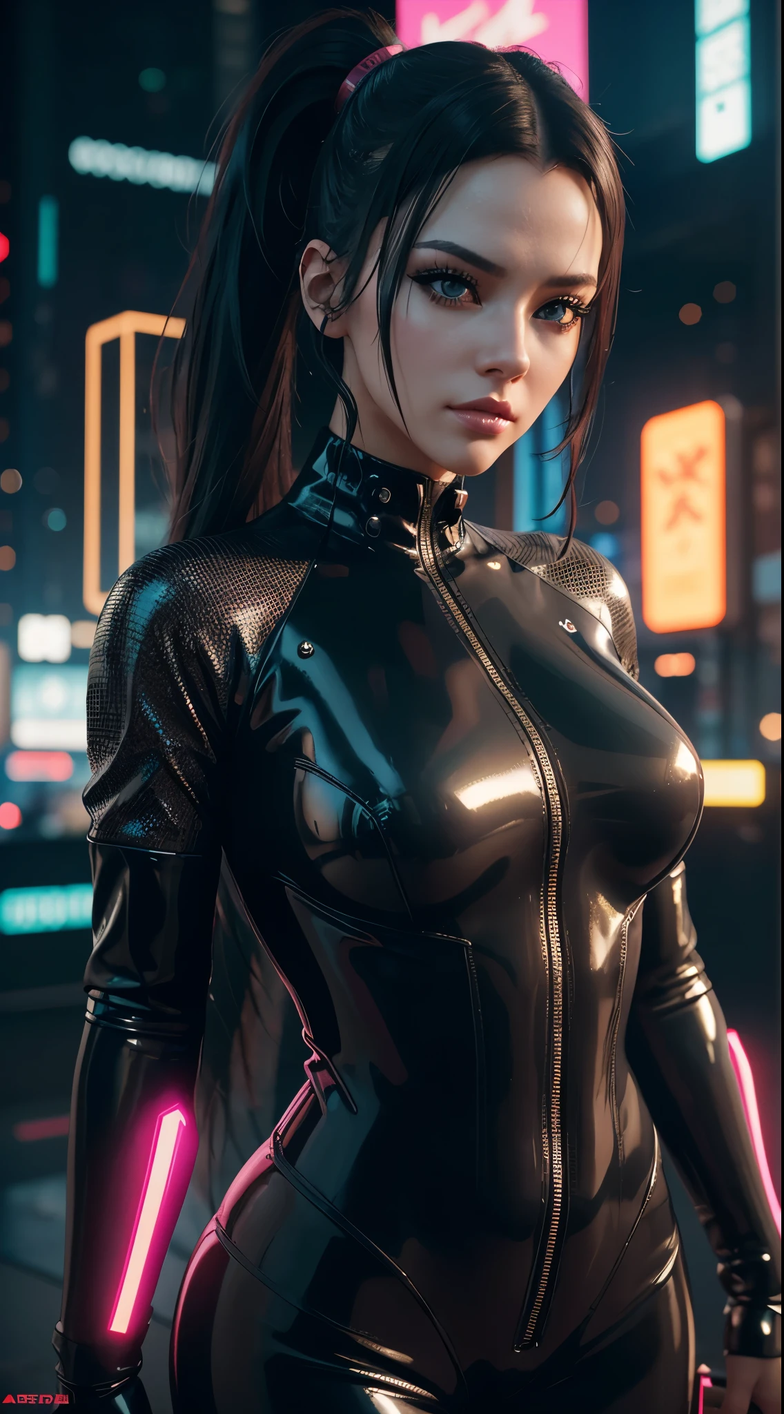 (Wide angle view). "ghost in the shell" film inspired futuristic Tokyo city, simple outlined neon tall buildings, (OLED holographic portrait on buildings), glowing giant clock tower, 1drone, lightning, 3D rendering Beeple. At night, (1girl, solo, alone), photorealistic, medium-breast slim:0.6 body, oval:0.5 face, cleavage:1.1, sexy costume with deep-v, low view pleated miniskirt, ((upskirt)), glove, (Matrix style black micro sunglasses), ((aiming viewer with a short gun)), (half-body thigh level close-up shot), cinematic lighting, ray tracing.