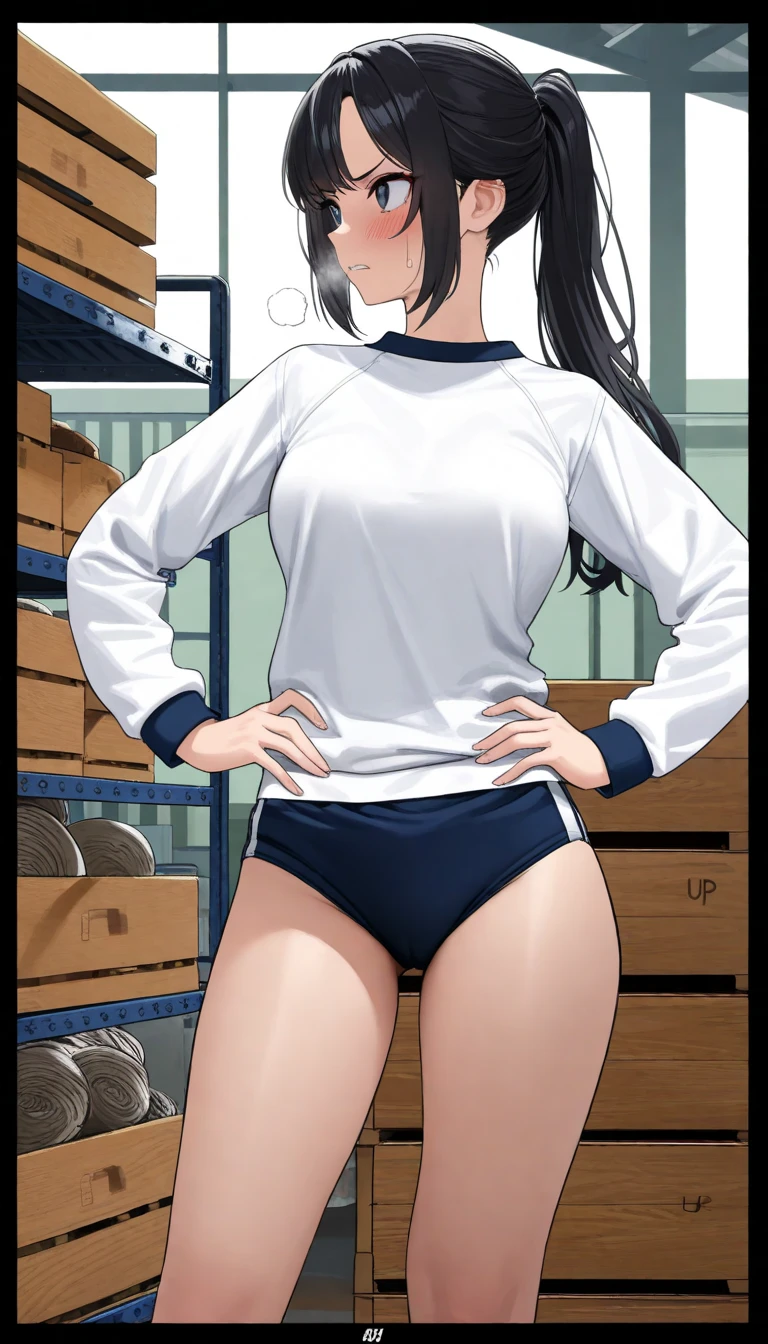 ( girl : 1.3), 1 girl,(White gym clothes, Long Sleeve ,Dark blue buruma,pubic hair), black hair, ponytail,anger, abusive,storehouse, place your hands on your hips,masterpiece, top quality ,Super high resolution, rich contrasts, high image quality,8k, High Definition CG Unit Wallpaper, texture , unbelievably absurd,Super high resolution, RAW photos ,Deep border 1  .2, very detailed