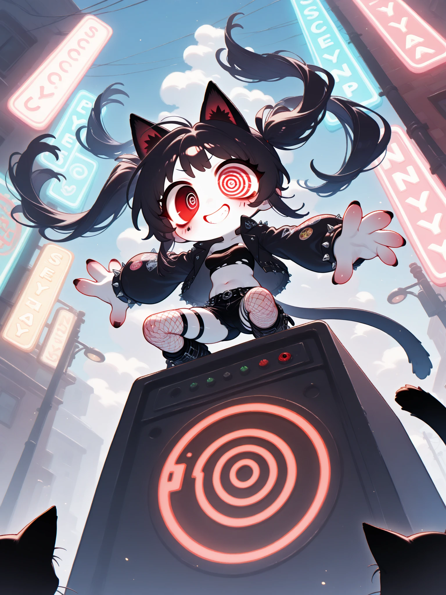 (solo:1.2), 1girl\( cute, Cute,(Evil Smiles), stand on the podium, text ("YAY♥":1.4), ( black hair:1),( long hair),(twin tails:1.5),  red eyes, (detailed eye:1.4),spiral eye, short jacket, shining eyes, (big eyes),(breast:1.2),(white skin:1.3), (punk fashion:1.6),(ripped clothes:1.3),(tight tube top),(tight hot pants),(stomach shown:0.8),(abs:0.8),(ripped black short jacket:1.4),(Fluffy black cat-ears:1.4),(dynamic pose:1.4)\). BREAK .background\(outside, Noisy city, Backstreet,  narrow street,  from below, At midnight, neon lights\), pop art,  brightly colored , ( graffiti art:0.5)