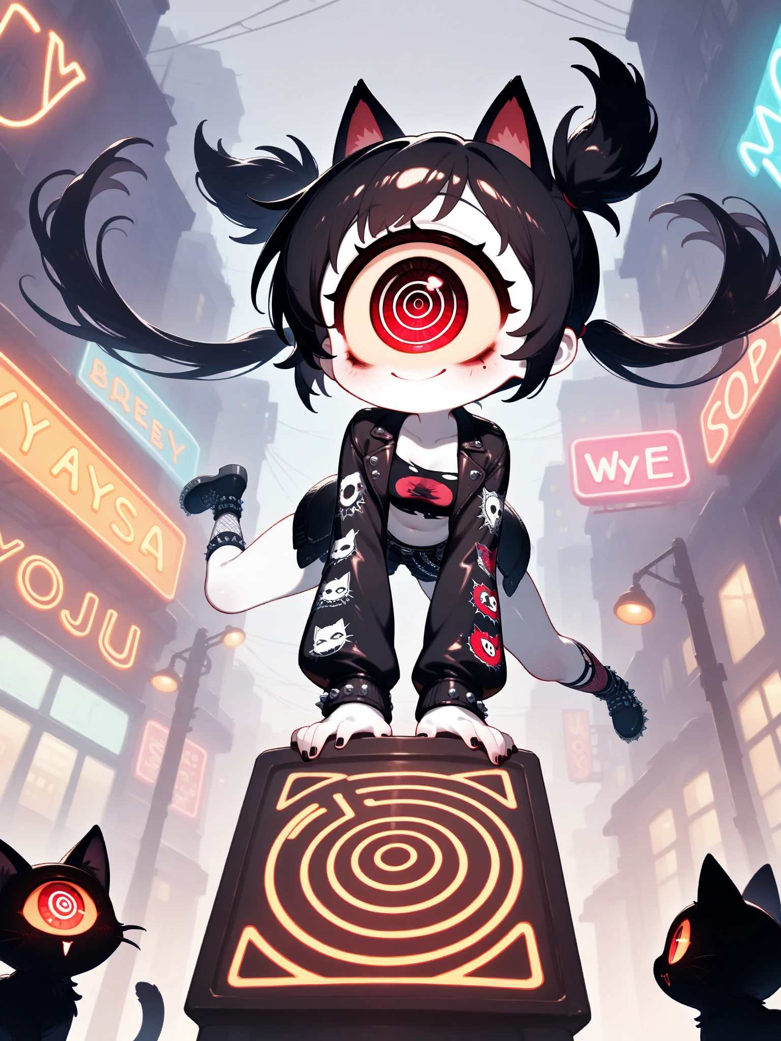 (solo:1.2), 1girl\( cute, Cute,(Evil Smiles), stand on the podium, text ("YAY♥":1.4), ( black hair:1),( long hair),(twin tails:1.5),  red eyes, (detailed eye:1.4),spiral eye, short jacket, shining eyes, (big eyes),(breast:1.2),(white skin:1.3), (punk fashion:1.6),(ripped clothes:1.3),(tight tube top),(tight hot pants),(stomach shown:0.8),(abs:0.8),(ripped black short jacket:1.4),(Fluffy black cat-ears:1.4),(dynamic pose:1.4)\). BREAK .background\(outside, Noisy city, Backstreet,  narrow street,  from below, At midnight, neon lights\), pop art,  brightly colored , ( graffiti art:0.5)