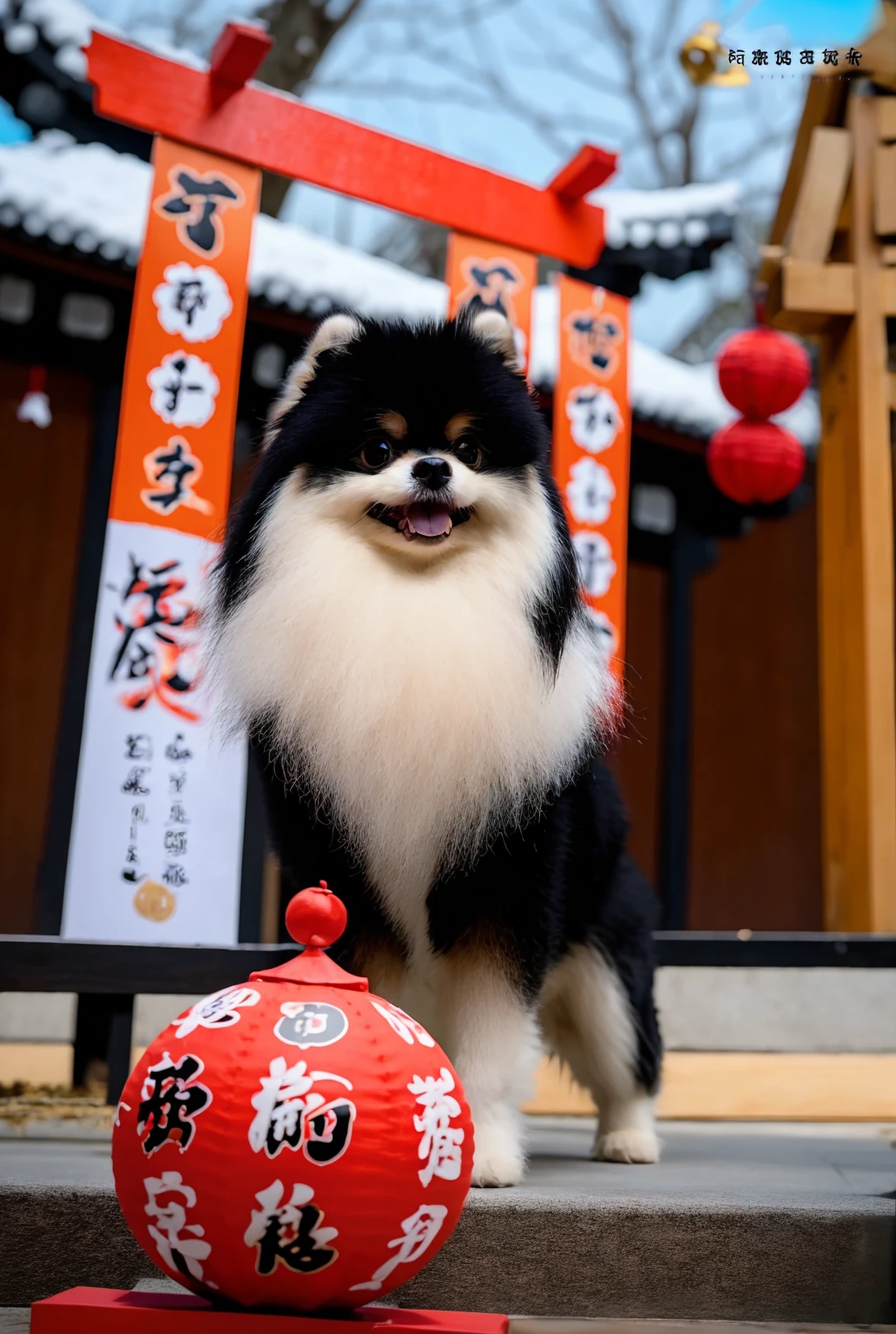 Realistic, black and tan Pomeranian, background of japanese new year decolated shrine, 