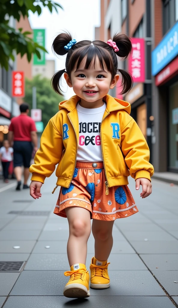 "Ultra-realistic 3D image of a beautiful and cute Uzbek **** girl, dressed in a stylish K-pop dancer outfit, featuring a trendy cropped jacket, vibrant skirt, and fashionable sneakers. She is walking confidently along a lively sidewalk, with her head held high and a joyful smile on her face. The background showcases an urban scene with modern buildings and bustling streets, creating an energetic atmosphere. Her outfit reflects the latest trends, and her playful expression radiates charm, all captured in stunning 8K resolution."
