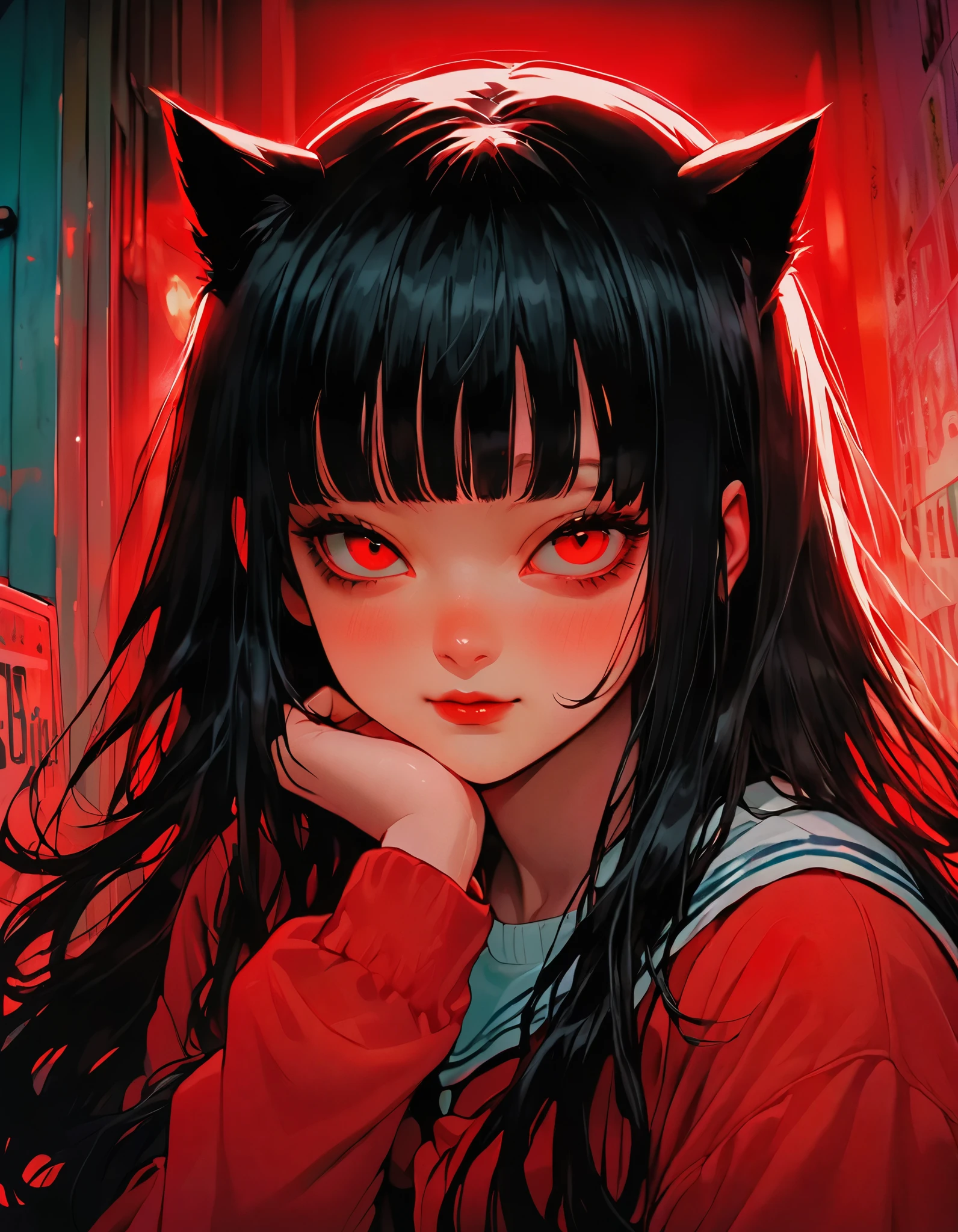 illust、art、from 80s horror movie, directed by Junji Ito、exorcist、high detail, realsitic shadow、Analog style, vhs style, 8mm film, chromatic aberration, Dvd screengrab、Complementary color gradient,  ((1 cat girl)) ((black hair, Ahoge, straight bangs,)), Long hair, ((beautiful red eyes)) sharp eye, Beautiful skin, extremely, pretty face, (Red eyes), 