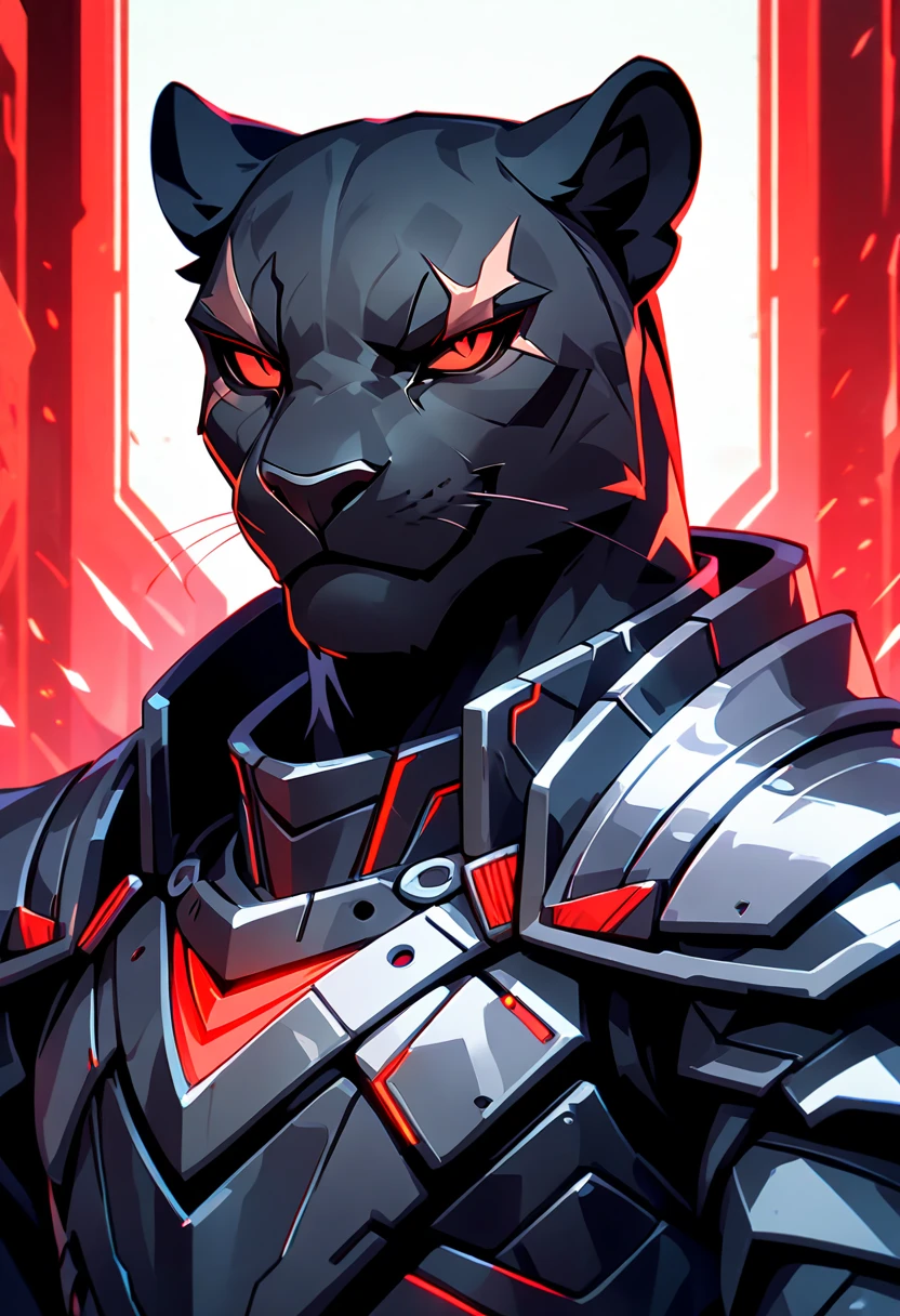 handsome anthropomorphic black panther with a black pelt wearing black cyber knight armor, red eyes, arrogant, cocky, superiority complex, war general, scar over right eye, black cyber armor with red lighting, furry art, light novel art, detailed anime style, masculine, villainous, villain, evil, cool, intimidating, cyber knight, smirking, villain smile, young male panther, sexy