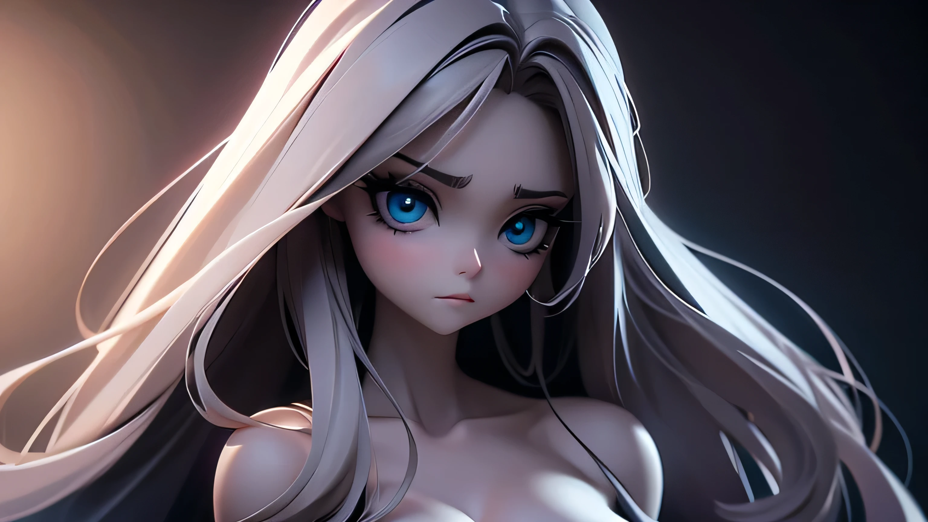 a dark minimalist wallpaper, anime woman with large breasts, highly detailed, elegant, cinematic lighting, moody atmosphere, digital art, hyperrealistic, 8k, best quality, photorealistic, cinematic, dramatic lighting, chiaroscuro, dramatic shadows, intricate details, porcelain skin, flawless complexion, flowing hair, mesmerizing eyes, alluring expression, minimal background, serene mood, ethereal beauty