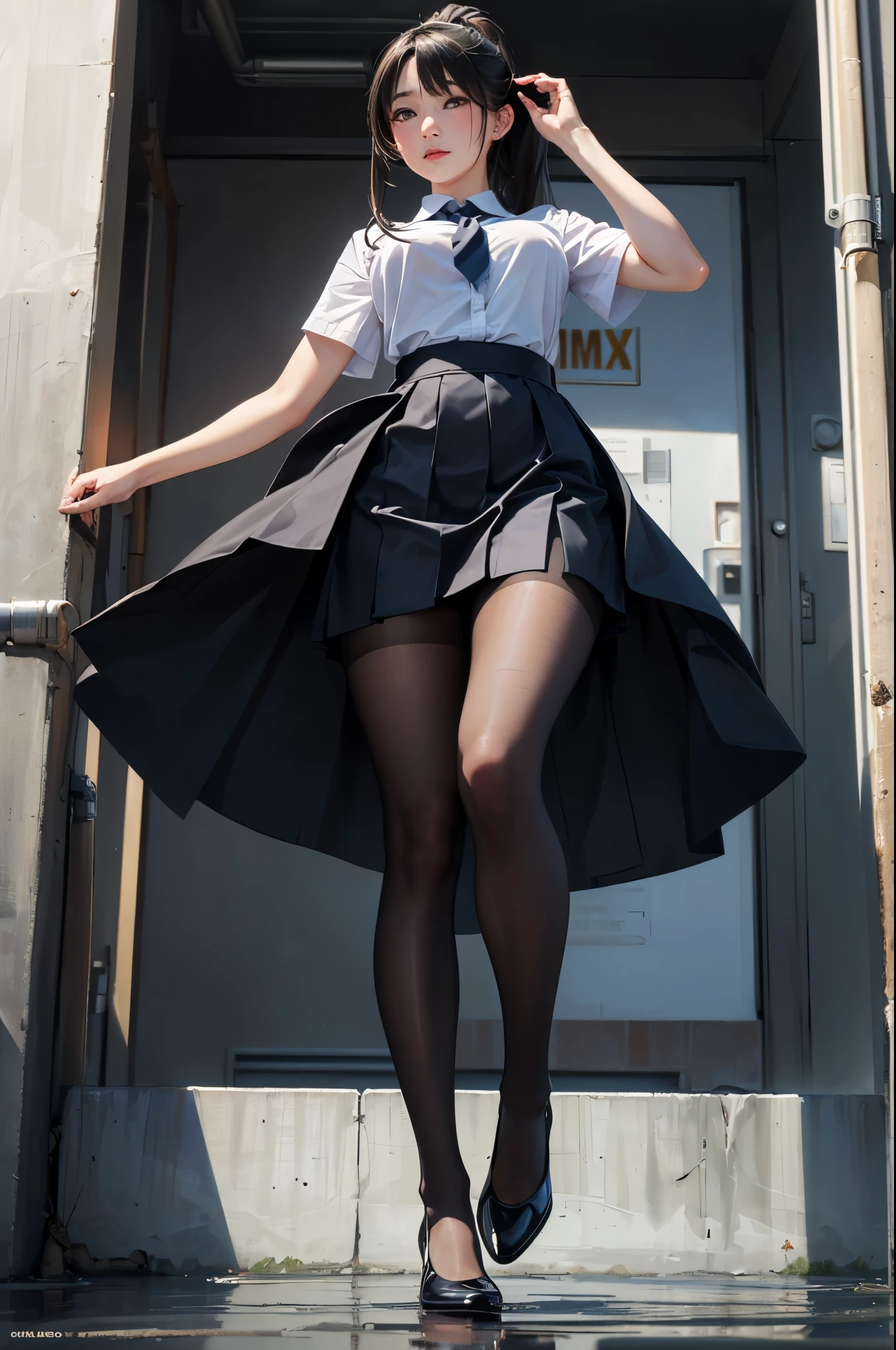 (masterpiece, IMAX cinematic quality:1.3),
(Live stage:1.2), Beautiful face,
A woman in a high school uniform dancing, her legs spread and lifts her skirt , wearing Lofer, It's live-action, peeing , Ponytail hair, Blushed face, Medium breast, lots puddle of pee at feet, (From below:1.2), Black pantyhose,
(ultra-realistic portrayal blending urban style with the allure of an Asian woman in a candid moment:1.3),