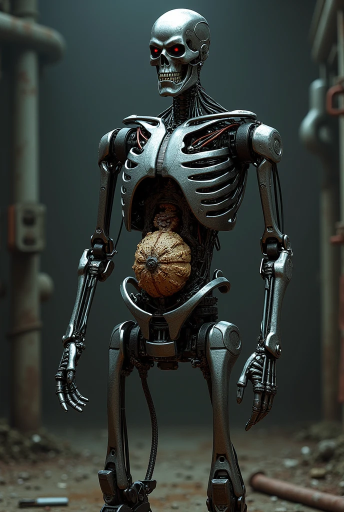 A character identical to the Terminator T-800 from the movie The Terminator, but instead of being made of metal, he is entirely made of wood. The design of the T-800, including all iconic details such as the skeletal structure, glowing eyes, and menacing posture, is retained, but the material is replaced with wood. The wood should be highly detailed, showcasing visible grain and natural imperfections as if it were meticulously carved. The surface should have a polished finish that reflects light softly, yet still appears solid and robust. The image should be as realistic as possible, capturing the balance between the technological design of the T-800 and the organic, natural look of the wood