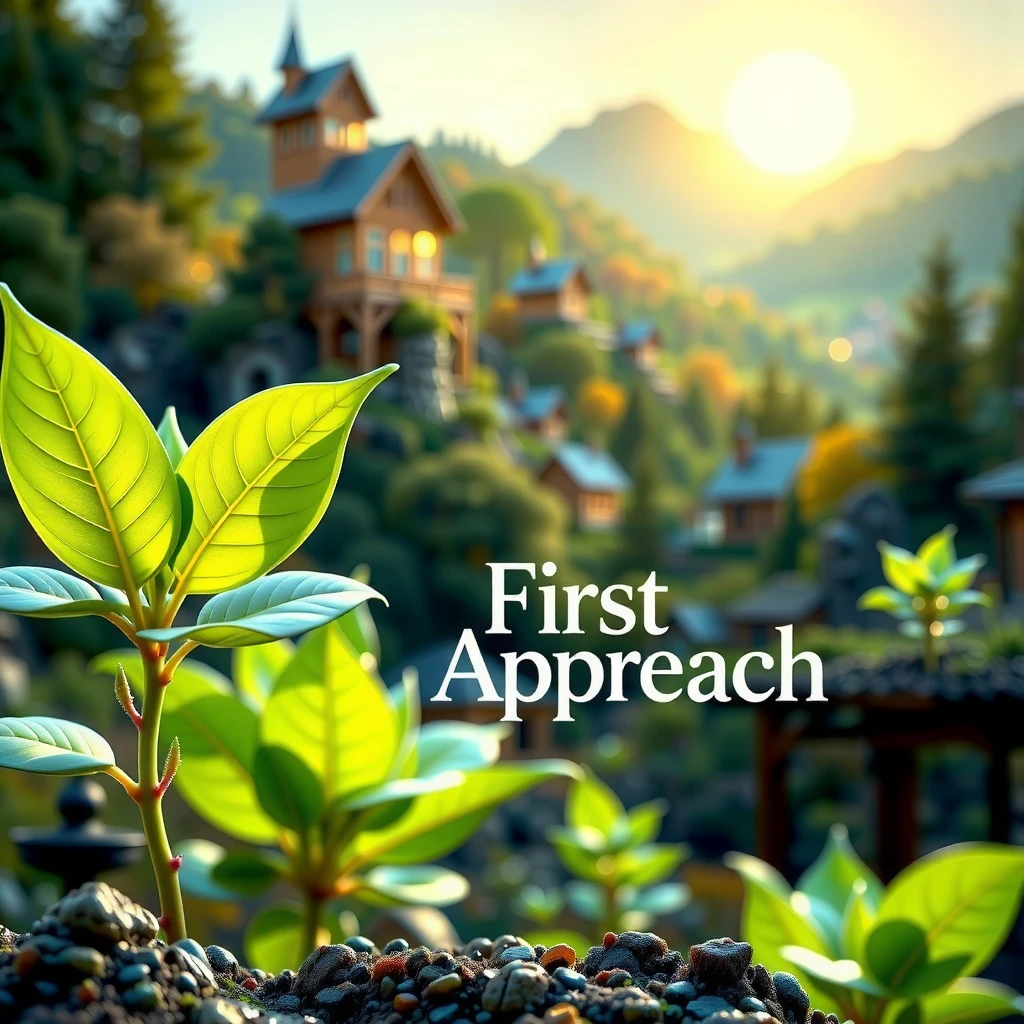 (Ultra-realistic, RAW photo, masterpiece, best quality, high resolution, detailed, delicate, precise, detailed background, 3D, Clear Light Ultra HD, 4K, 8k), Logo mark with simple "First Approach" lettering, Logo mark with an illustration of young leaves in the background