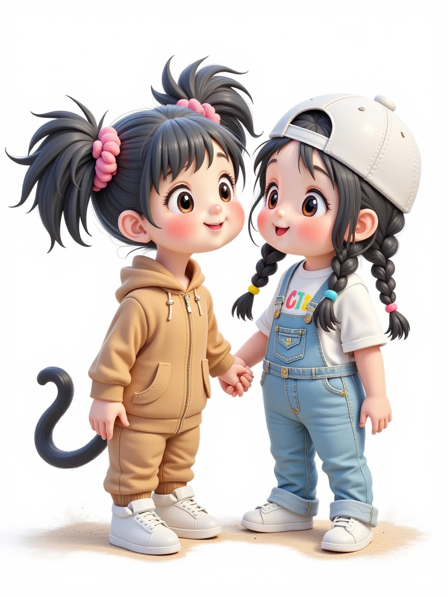  wearing a short-sleeved khaki sports and leisure suit ，大脑袋 big eyes， with long, fluffy braids ， wearing a loose t-shirt and oversized jean straps {x}， pout and look back on the side 。 A cute, chubby two-headed  。Watercolor style，Screen transparency， white background温暖治愈。Three-dimensional facial ，masterpiece， Highest Resolution ， follows a Q version of the black cat next to it ，3d， fair skin，Skin real touch，Sweet facial features， watery eyes ， big eyes，Long eyelashes， pink lips ，happy， wearing a short-sleeved khaki sports and leisure suit ， white sneakers，With a white cap，Cool， black hair，Beautiful appearance，Cartoon Q Edition，Figure painting，纯 white background， white background