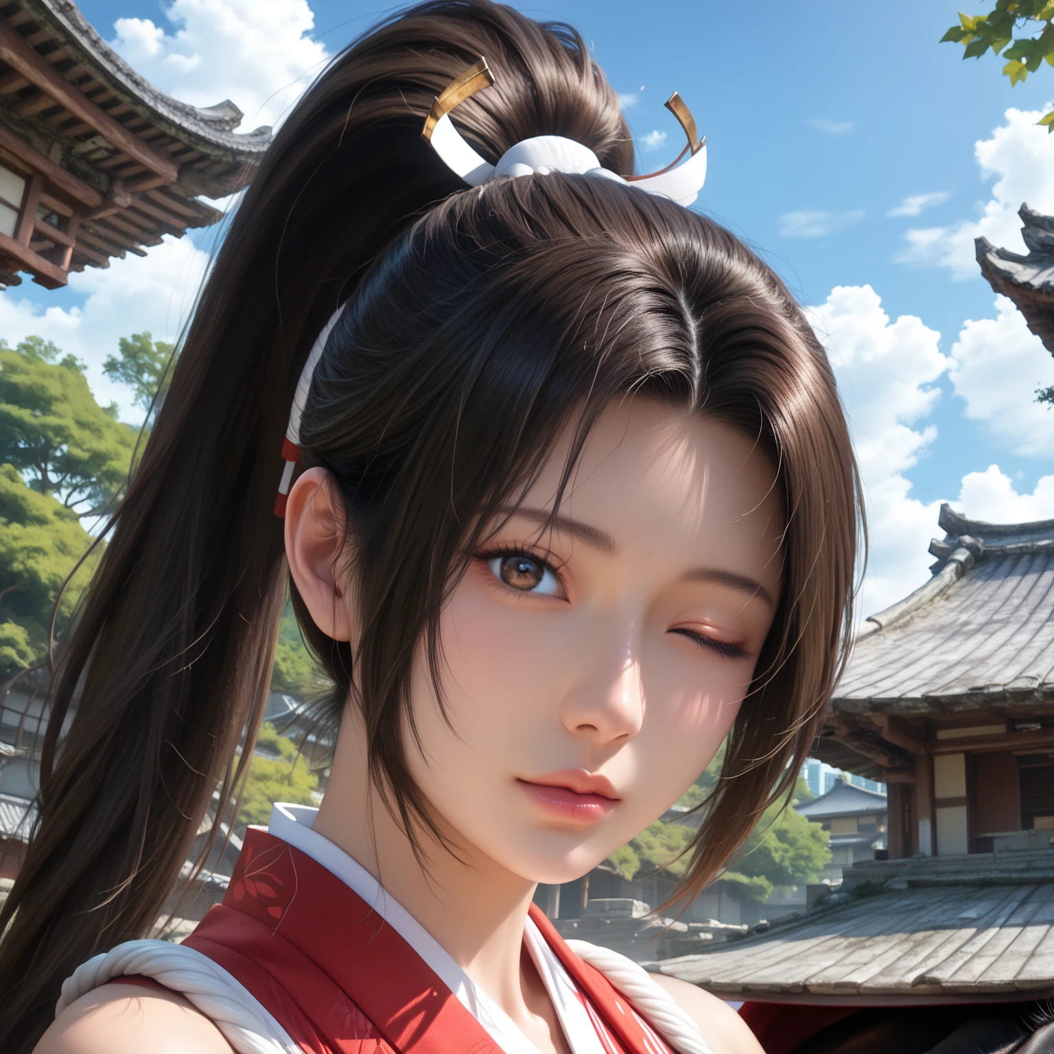 score_9,score_8_up,score_7_up,high res image,masterpiece,best quality,realistic,Mai Shiranui,(plump:1.7),(black pupil:1.2),(brown black hair:1.3),(High ponytail:1.3),(revealing japanese clothes, pelvic curtain:1.5),(horseback_riding:1.4),(building_ruins:1.3),((black_shorts:1.3)),(;d:1.4),(((close one eye:1.4))),(uvula:1.3),