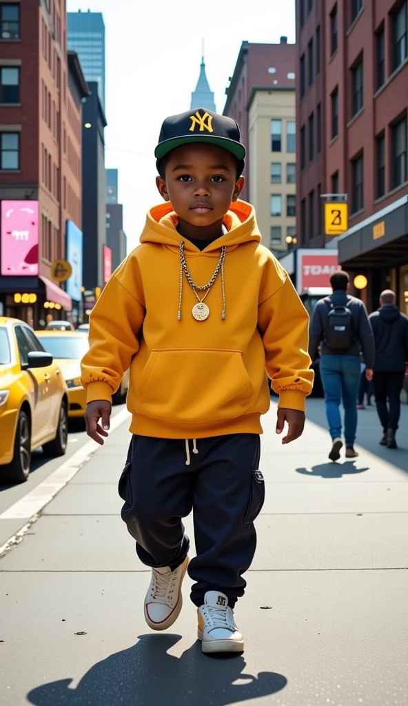 "Ultra-realistic 3D image of a handsome and cute Kenyan baby boy, confidently walking with a cool swagger while dressed in a trendy American rapper-inspired outfit. He is wearing a stylish oversized hoodie, baggy pants, high-top sneakers, and a hip hop cap, with gold chain accessories to complete the look. His playful expression and confident pose stand out as he walks along a busy New York City sidewalk, with the iconic cityscape of skyscrapers, bustling pedestrians, and yellow cabs in the background. The vibrant, energetic atmosphere of the city is captured in stunning 8K resolution."
