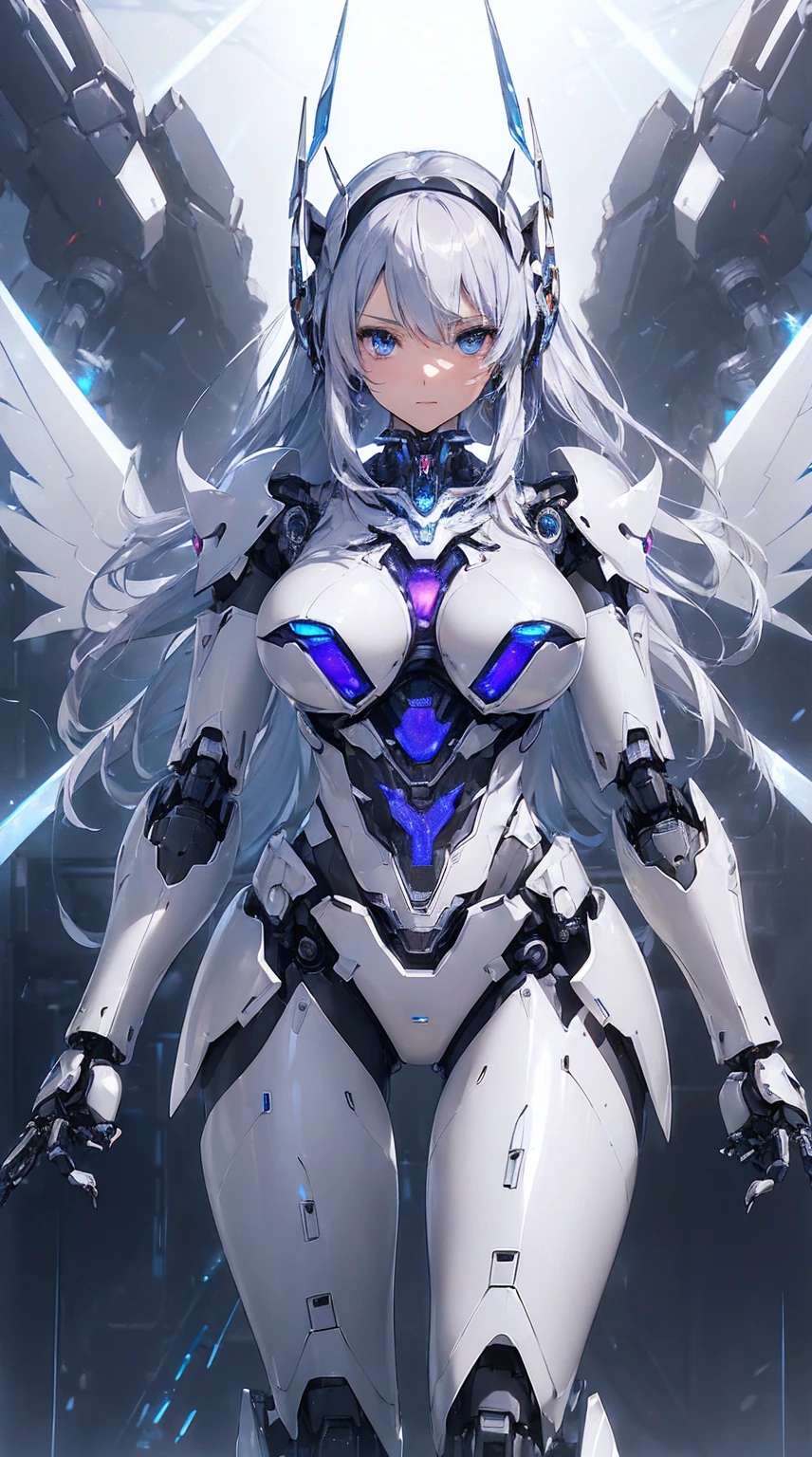 ((Intense action pose:1.6))、((Shining lenses on both breasts:1.3))、((Blue pillars of light are emanating from both chests.:1.3))、smile、((8K)), ((32k)), ((Highest quality)), ((masterpiece)), ((超A high resolution)), ((Tmasterpiece)), ((Halation:1.4))、((Mechaニカルheadgear:1.2))、((Cyber Headphones:1.3))、Fine skin, High quality fabric, Fine metal texture、((Beautiful and dense face))、RAW Photos、Professional, Ultra-fine painting, ((alone)), Beautiful breasts、Highest quality, Very detailed, Very detailed詳細, Finer details, so beautiful, ((Princess Knight Robot:1.2)), (Joints of machines, Mechanical Limbs:1.3), (The internal structure of the machine is exposed:1.3), (Long silver hair:1.1), (Beautiful and huge mechanical breasts)、White Veil, cowboy_shot, Side Focus, headgear, Shiny、(Five Fingers, Four fingers and thumb),Concept Art, Anime fantasy artwork, Detailed fantasy art, (with pale blue-violet hair and large white wings,,,,,,,), (((Long silver hair))), (Mecha:1.6)、Sleek and intimidating design, ((Commander-in-Chief'arm)), (Perfect robot body)、純白と青紫armまたは, Symmetrical wings, 8K high quality, detailed art, 3D rendering of character art in 8K, neat legs, Defined, Defined fingers,