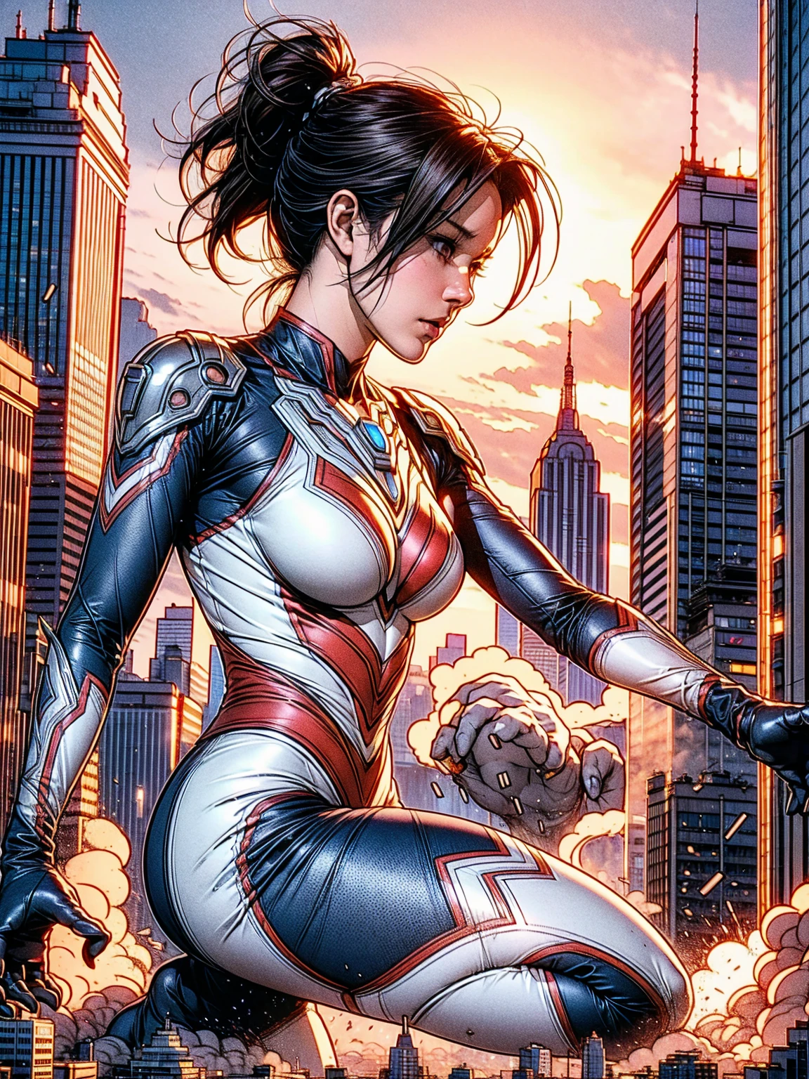 An ultra-detailed 8k manga illustration of an alluring Giantess girl. Her figure is accentuated by the sleek, flawless, porcelain-like skin, ((150 feet height)). She dressed in Ultragirl suit, half-removed that revealing her shoulders, Her breasts, nipple, could be seen through lifted her dress up. The suit clings to her curves, its vibrant silver and red design catching the light in intricate detail. Her bare chest is subtly visible beneath the lifted fabric. Her eyes are heavy-lidded, brimming with intensity and purpose, Her lips may part slightly, moist and inviting, soft smile plays across her face. Her pose is relaxed yet intentional, capturing the intimate moment as she begins to shed her heroic armor, blending the iconic Ultraman aesthetic with an irresistible, human sensuality. cinematic, dramatic lighting, volumetric fog, cinematic camera angle, intricate details, sparks and debris, city skyline in background, (best quality,4k,8k,highres,masterpiece:1.2),ultra-detailed,(realistic,photorealistic,photo-realistic:1.37). (((fighting with monsters, Battle, death struggle, monsters attack, side view.)))
