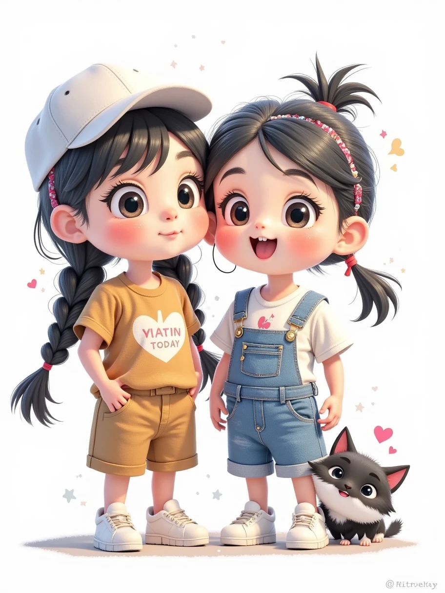  wearing a short-sleeved khaki sports and leisure suit ，大脑袋 big eyes， with long, fluffy braids ， wearing a loose t-shirt and oversized jean straps {x}， pout and look back on the side 。 A cute, chubby two-headed  。Watercolor style，Screen transparency， white background温暖治愈。Three-dimensional facial ，masterpiece， Highest Resolution ， follows a Q version of the black cat next to it ，3d， fair skin，Skin real touch，Sweet facial features， watery eyes ， big eyes，Long eyelashes， pink lips ，happy， wearing a short-sleeved khaki sports and leisure suit ， white sneakers，With a white cap，Cool， black hair，Beautiful appearance，Cartoon Q Edition，Figure painting，纯 white background， white background