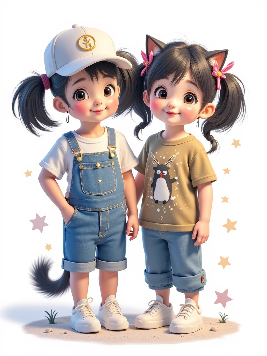  wearing a short-sleeved khaki sports and leisure suit ，大脑袋 big eyes， with long, fluffy braids ， wearing a loose t-shirt and oversized jean straps {x}， pout and look back on the side 。 A cute, chubby two-headed  。Watercolor style，Screen transparency， white background温暖治愈。Three-dimensional facial ，masterpiece， Highest Resolution ， follows a Q version of the black cat next to it ，3d， fair skin，Skin real touch，Sweet facial features， watery eyes ， big eyes，Long eyelashes， pink lips ，happy， wearing a short-sleeved khaki sports and leisure suit ， white sneakers，With a white cap，Cool， black hair，Beautiful appearance，Cartoon Q Edition，Figure painting，纯 white background， white background