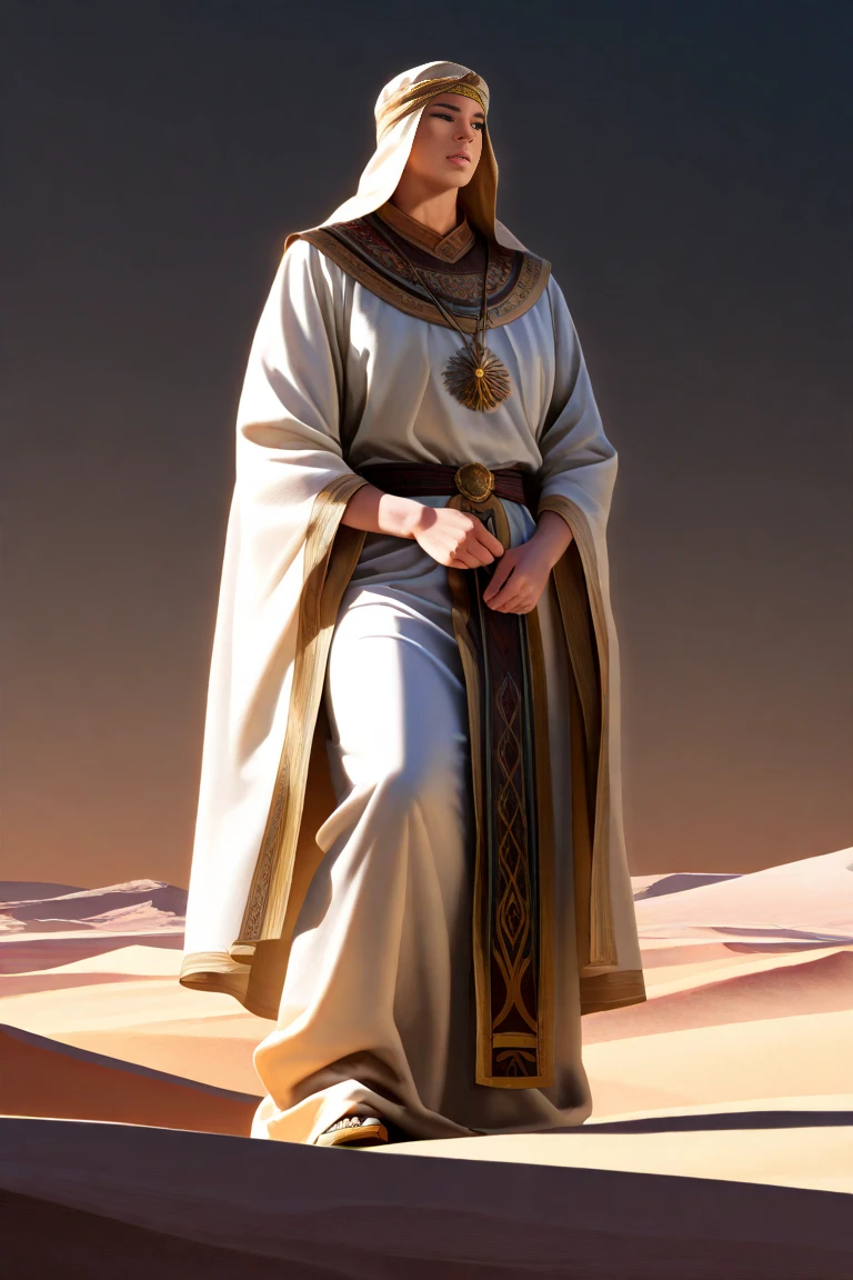 a powerful muscular arab man,a man in a decorated flowing robe,a brown turban,a hand made of white light,walking in the desert,desert sands,(best quality,4k,8k,highres,masterpiece:1.2),ultra-detailed,(realistic,photorealistic,photo-realistic:1.37),dramatic lighting,cinematic,intricate details,ornate,ornamental,intricately detailed,highly detailed face,hyper realistic,vivid colors,dynamic pose,dramatic lighting,cinematic framing
