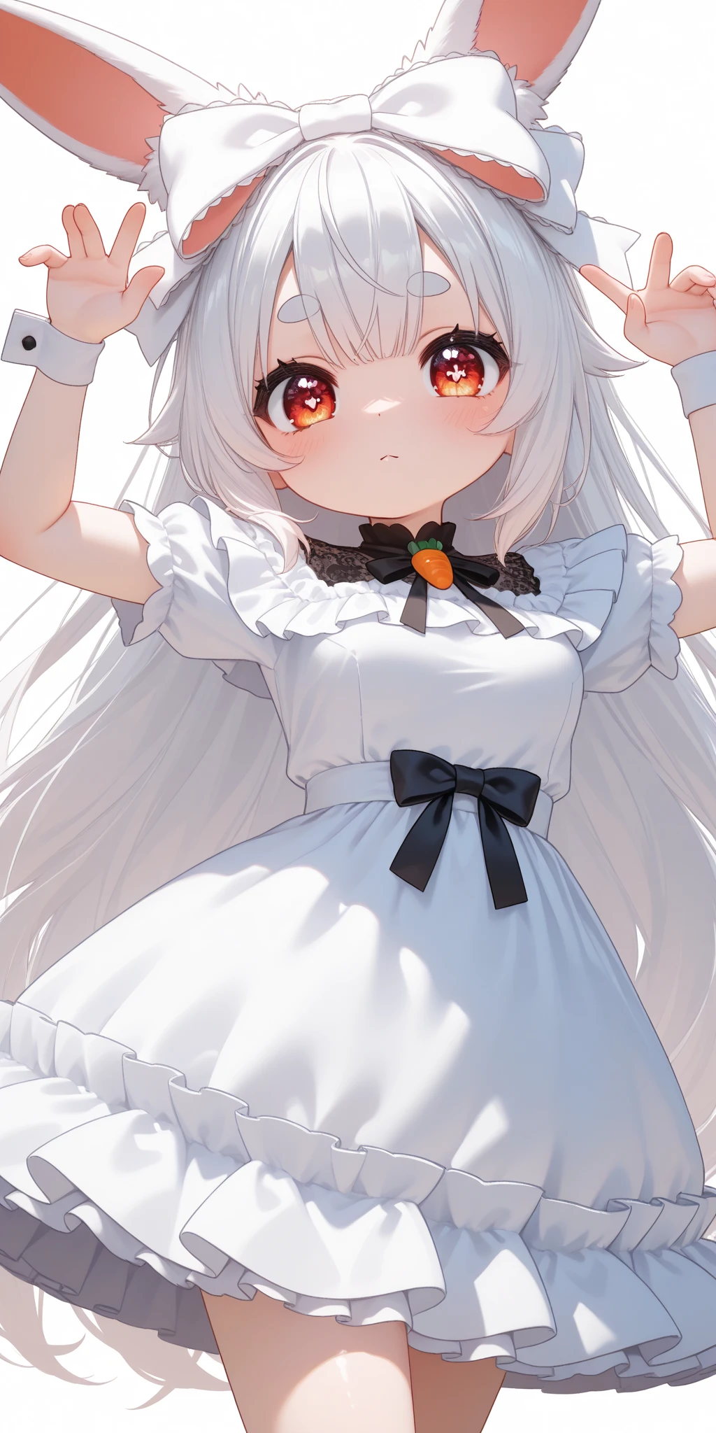 (solo:1.2),1girl\(chibi,cute,kawaii,(white hair:1.4),(very long hair:1.6),bangs,(ear\(fluffy,white,rabbit-ear\):1.4),red eye,big eye,beautiful shiny eye,detailed pupils,skin color white,big black hairbow,(white frilled silky dress:1.3),breast,cute pose,cute hand sign\),background\(colorful roses,by the beautiful lake,((beautiful sunny day))\),,close-up girl,3d,(((dynamic pose))),masterpiece,best quality,newest,