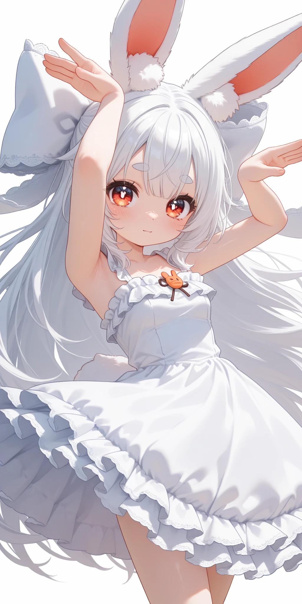 (solo:1.2),1girl\(chibi,cute,kawaii,(white hair:1.4),(very long hair:1.6),bangs,(ear\(fluffy,white,rabbit-ear\):1.4),red eye,big eye,beautiful shiny eye,detailed pupils,skin color white,big black hairbow,(white frilled silky dress:1.3),breast,cute pose,cute hand sign\),background\(colorful roses,by the beautiful lake,((beautiful sunny day))\),,close-up girl,3d,(((dynamic pose))),masterpiece,best quality,newest,