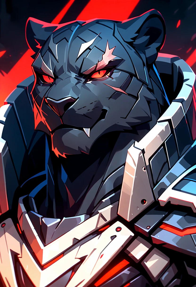 handsome anthropomorphic black panther with a black pelt wearing black cyber knight armor, red eyes, arrogant, cocky, superiority complex, war general, scar over right eye, black cyber armor with red lighting, furry art, light novel art, detailed anime style, masculine, villainous, villain, evil, cool, intimidating, cyber knight, smirking, villain smile, sexy and dangerous