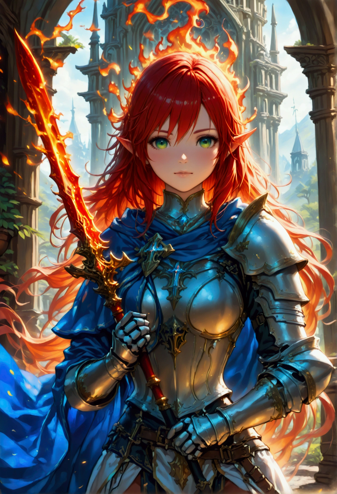 concept art, wide shot, (masterpiece:1.3), full body intense details, highly detailed, photorealistic, best quality, highres, portrait of a dwarf female (fantasy art, Masterpiece, best quality) , intense details facial details, (fantasy art, Masterpiece, best quality)cleric, with a long red hair, intense green eyes, (fantasy art, Masterpiece, best quality) armed a fiery sword, wearing heavy white half plate mail armor, wearing high heeled laced boots, wearing a blue cloak within fantasy temple background