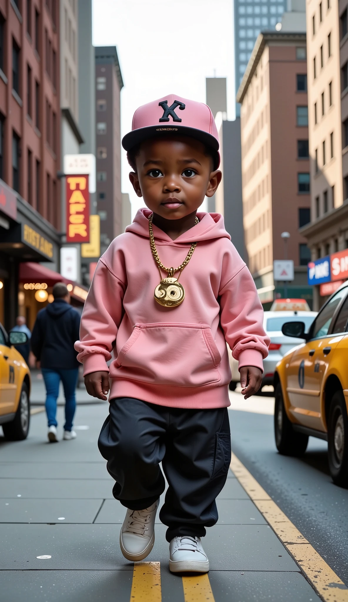 "Ultra-realistic 3D image of a handsome and cute Kenyan baby boy, confidently walking with a cool swagger while dressed in a trendy American rapper-inspired outfit. He is wearing a stylish oversized hoodie, baggy pants, high-top sneakers, and a hip hop cap, with gold chain accessories to complete the look. His playful expression and confident pose stand out as he walks along a busy New York City sidewalk, with the iconic cityscape of skyscrapers, bustling pedestrians, and yellow cabs in the background. The vibrant, energetic atmosphere of the city is captured in stunning 8K resolution."
