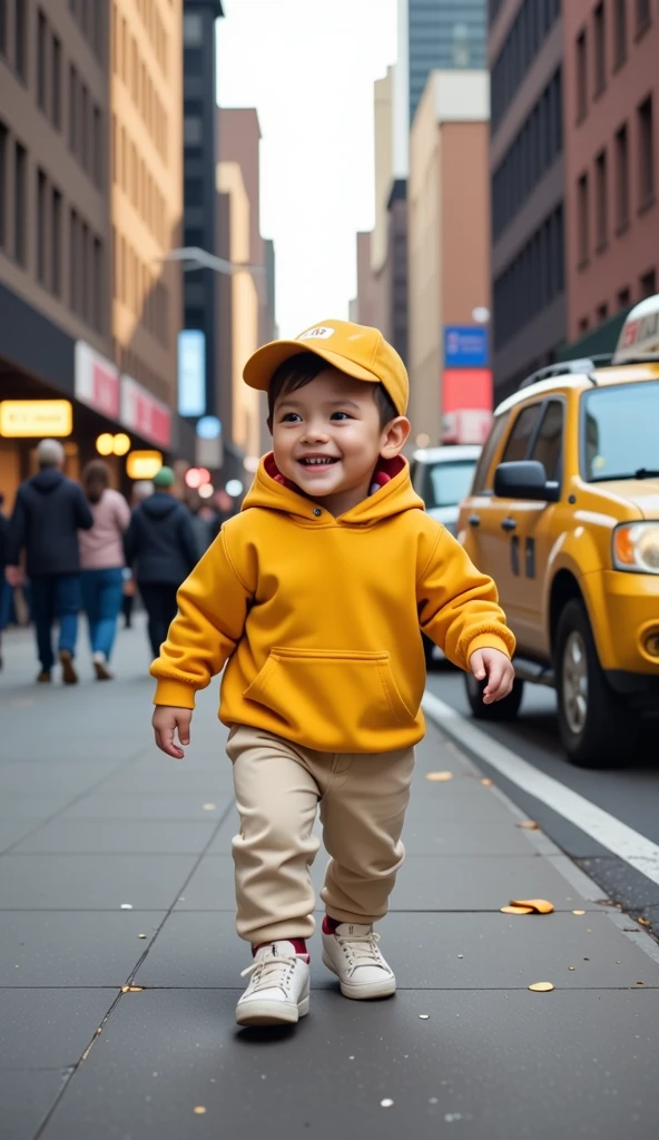 "Ultra-realistic 3D image of a beautiful and cute Argentine baby girl, smiling joyfully as she walks confidently along a New York City sidewalk. She is dressed in a stylish American rapper-inspired outfit, featuring a trendy oversized hoodie, baggy pants, fashionable sneakers, and a cool cap. Her playful expression and confident stride capture her charm as she moves through the bustling city streets, with iconic skyscrapers, yellow cabs, and energetic crowds in the background. The vibrant urban atmosphere is captured in stunning 8K resolution, highlighting the baby girl’s fashionable and fun style."
