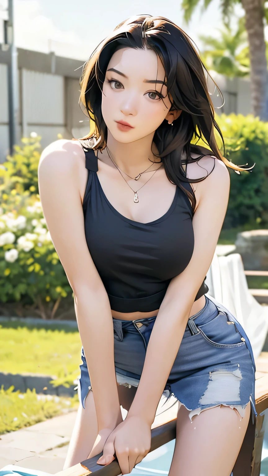 no, Ray tracing, Radio City, Anisotropic filtration, 16,000, best quality, 1 woman, alone, mature, The floating smoke makes the atmosphere look scary., Tank top, jeans shorts, Gradient long hair, laugh、night time、((big breasts)) 、(((Old wooden bridge in the forest))) (The atmosphere is like being in a horror movie.)