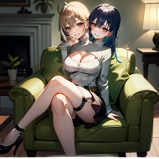 (masterpiece, best quality), best resolution, (3heads:1.5), 1girl, shi mumei, grey turtleneck ,cleavage, sitting down, crossing legs, high heels, black hair, faces conjoined, living room, no mutation