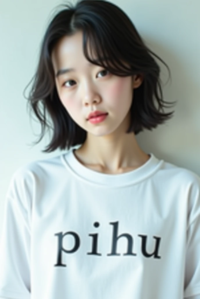 score_9, score_8_up, score_7_up, score_6_up, BREAK , source_real, raw, photo, realistic BREAK 1girl, solo, looking at viewer, short hair, bangs, black hair, hair ornament, jewelry, upper body, earrings,hairclip, off shoulder, mole,T-sirt, english UBI text, mole under eye,simple background, cover, popsicle, retro artstyle,off-shoulder T-sirt,