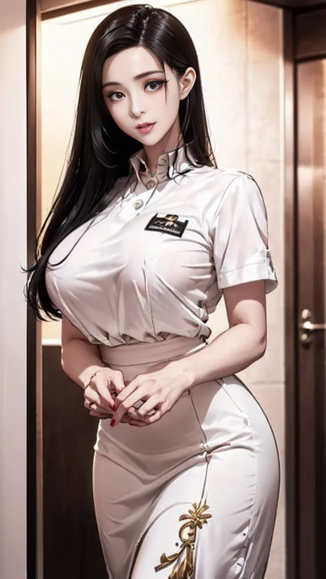 ((best quality)), ((muste piece)), (detailed face), (highlight), princess、Big breasts、blunt bangs、black hair、combat uniform、skirt、