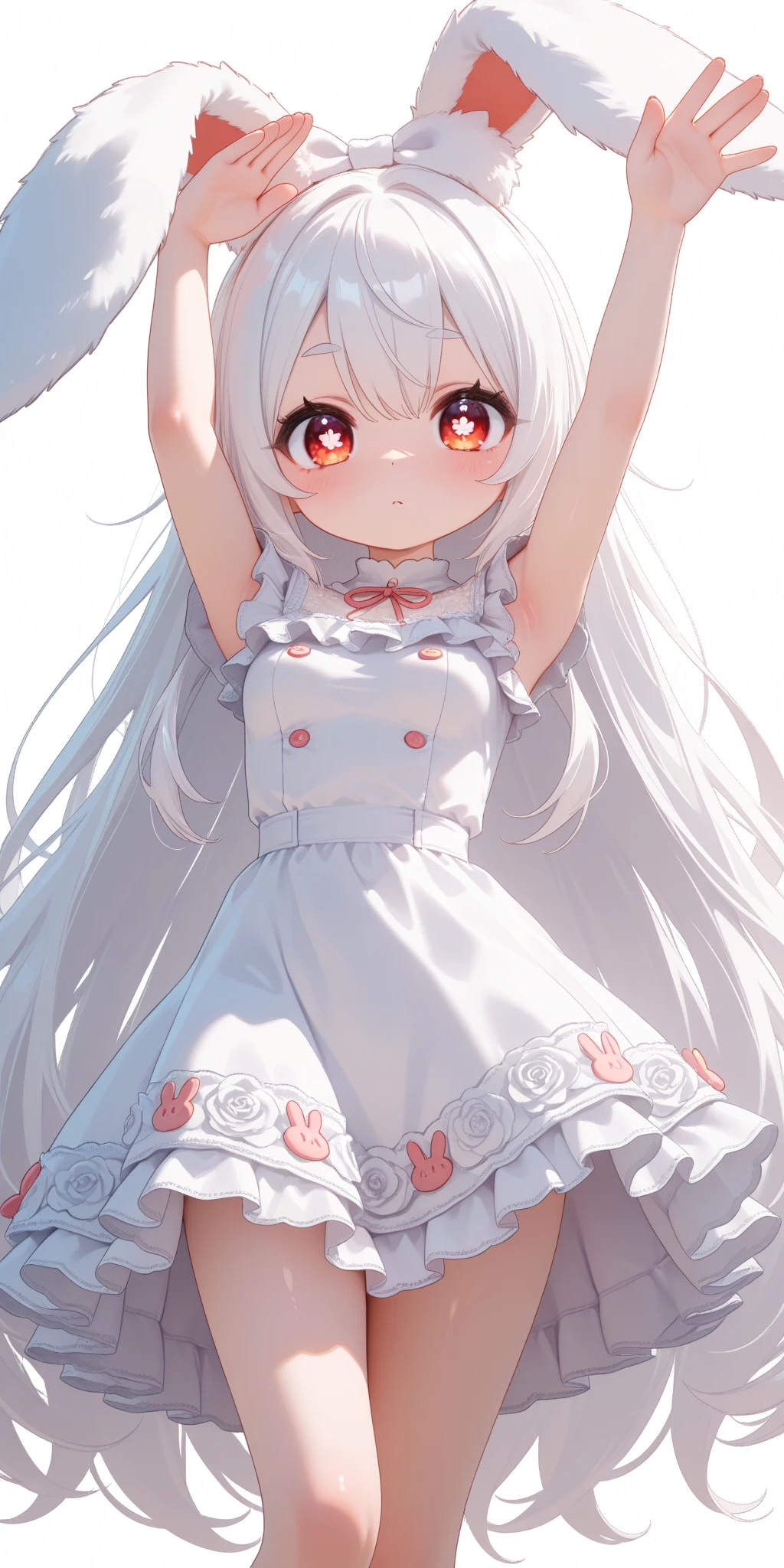 (solo:1.2),1girl\(chibi,cute,kawaii,(white hair:1.4),(very long hair:1.6),bangs,(ear\(fluffy,white,rabbit-ear\):1.4),red eye,big eye,beautiful shiny eye,detailed pupils,skin color white,big black hairbow,(white frilled silky dress:1.3),breast,cute pose,cute hand sign\),background\(colorful roses,by the beautiful lake,((beautiful sunny day))\),,close-up girl,3d,(((dynamic pose))),masterpiece,best quality,newest,