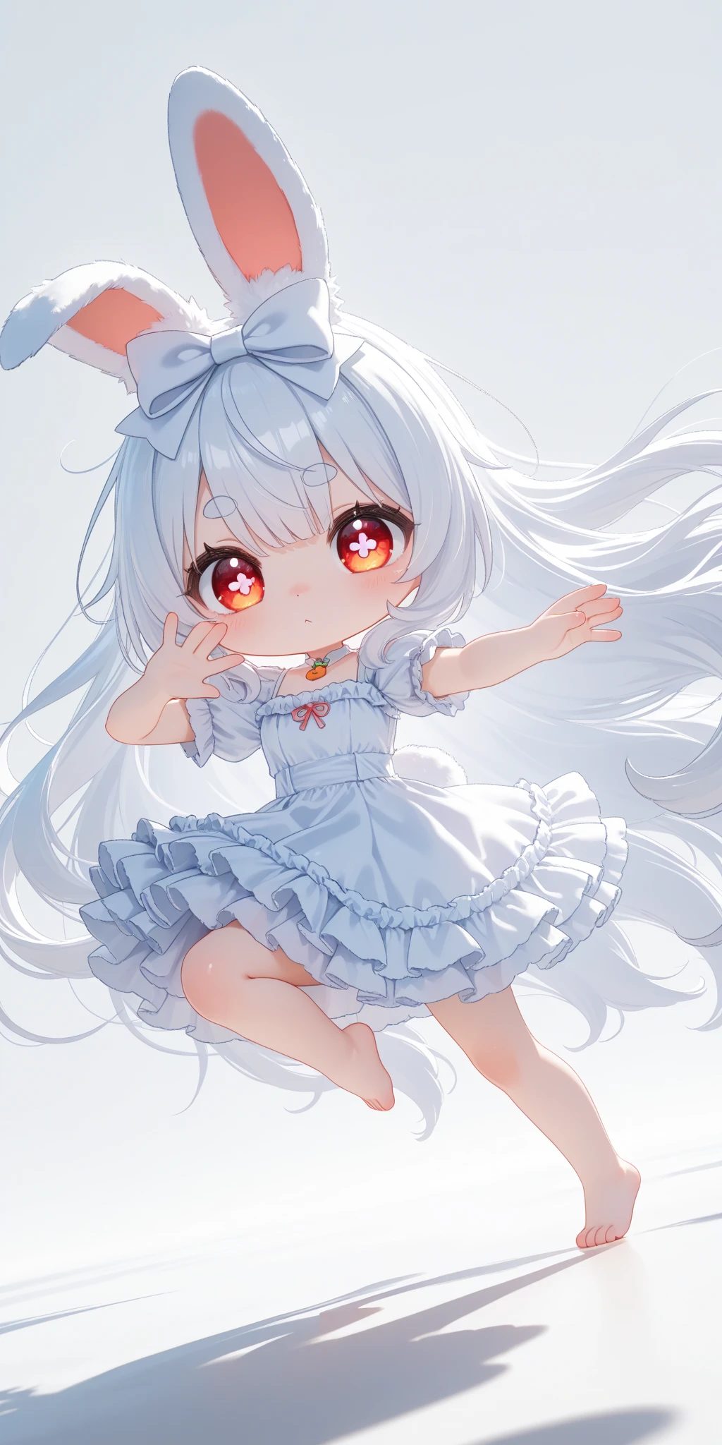 (solo:1.2),1girl\(chibi,cute,kawaii,(white hair:1.4),(very long hair:1.6),bangs,(ear\(fluffy,white,rabbit-ear\):1.4),red eye,big eye,beautiful shiny eye,detailed pupils,skin color white,big black hairbow\(with print\),(cute white frilled silky dress:1.3),breast,cute pose,cute hand sign,korean idol pose,(cute symbol mark in eye),wrist fur,rabbit-tail,shiny skin,shiny hair,full body,1r1d3sc3nc3, slightly (smile:0.5),looking away\),colorful roses petals, beautiful water drops,beautiful day,fairy tale atmosphere,close-up girl,3d,(((dynamic pose))),masterpiece,best quality,newest,dynamic angle