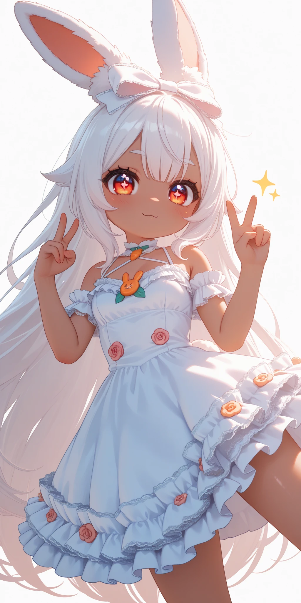 (solo:1.2),1girl\(chibi,cute,kawaii,(white hair:1.4),(very long hair:1.6),bangs,(ear\(fluffy,white,rabbit-ear\):1.4),red eye,big eye,beautiful shiny eye,detailed pupils,skin color white,big black hairbow,(white frilled silky dress:1.3),breast,cute pose,cute hand sign\),background\(colorful roses,by the beautiful lake,((beautiful sunny day))\),,close-up girl,3d,(((dynamic pose))),masterpiece,best quality,newest,