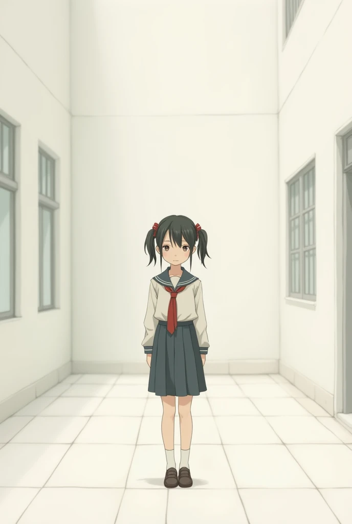 Anime Style、Anime works、Not like AI、I don't understand that it's AI、Adorable、Young face、Black Hair、Twin tails、high school student、Short、Small breasts、Black Eye、Cute Sailor Suit、Kyoto Animation Style、1 person、School、classroom、No shadows、whole body、