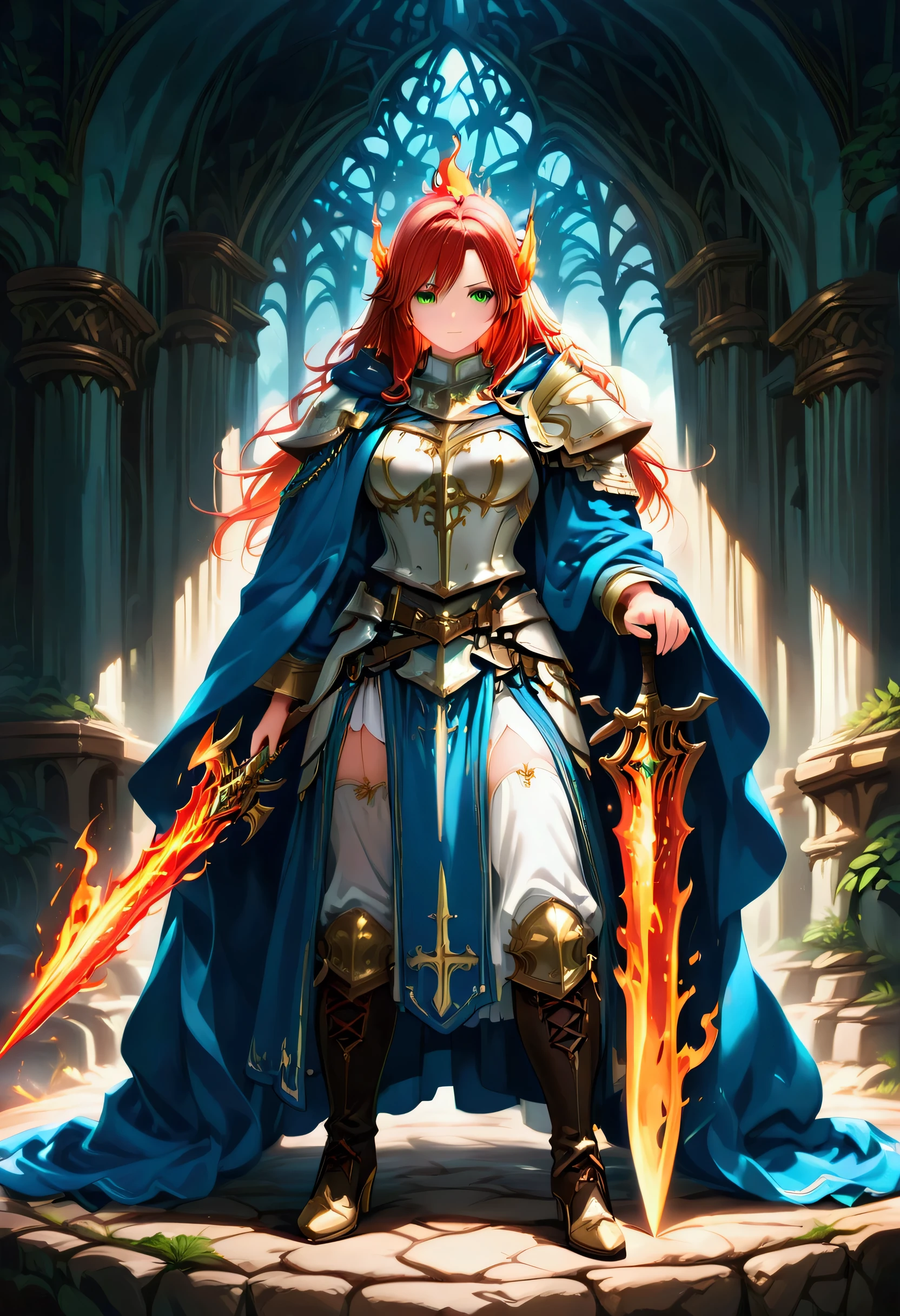 concept art, wide shot, (masterpiece:1.3), full body intense details, highly detailed, photorealistic, best quality, highres, portrait of a dwarf female (fantasy art, Masterpiece, best quality) , intense details facial details, (fantasy art, Masterpiece, best quality)cleric, with a long red hair, intense green eyes, (fantasy art, Masterpiece, best quality) armed a fiery sword, wearing heavy white half plate mail armor, wearing high heeled laced boots, wearing a blue cloak within fantasy temple background