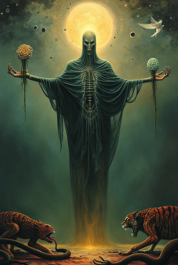 "A surreal figure represents The Fool, standing in an expansive 'X' shape with limbs outstretched, symbolizing openness and infinite potential. The figure is skeletal yet luminous, draped in tattered, spectral robes that merge with a swirling, apocalyptic background. His face is obscured, evoking mystery, while a glowing orb floats above his head.

The scene features symbolic entities: a grotesque tiger lunging toward him, a coiling serpent at his feet, and a spectral white dove in flight. One hand holds a decayed, glowing rose, the other a crystalline object pulsating with cosmic energy. A vortex of chaotic light and shadow encircles him, blending decayed zodiac signs and cosmic fragments.

The color palette is muted greys, deep blues, and blood reds, with highlights of electric gold and green, reflecting Beksiński’s haunting aesthetic while maintaining the Thoth Tarot’s mysticism."