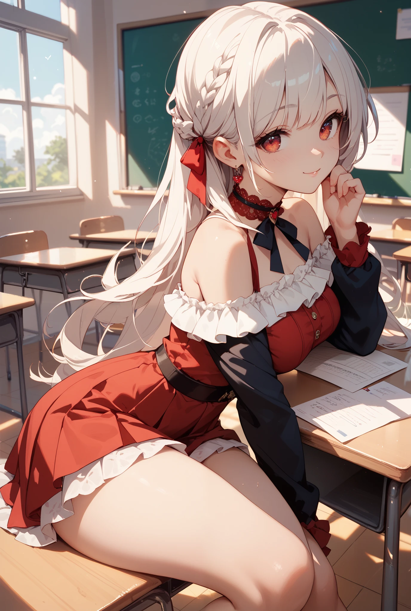 anntakamaki, anne takamaki, blonde hair, blue eyes, hair ornament, hairclip, long hair, swept bangs, twintails, wavy hair, BREAK , shirt, skirt, jacket, necktie, BREAK looking at viewer,from below,Transparent buttocks,Butt crack emphasis,facing back,Pose with one leg slightly bent forward, BREAK indoors, classroom, BREAK (masterpiece:1.2), best quality, high resolution, unity 8k wallpaper, (illustration:0.8), (beautiful detailed eyes:1.6), extremely detailed face, perfect lighting, extremely detailed CG, (perfect hands, perfect anatomy),