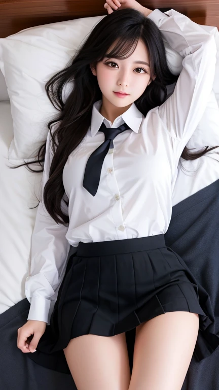 Best Quality、High resolution、A beautiful high school girl spreads her legs to show off her pussy、Long Black Hair、big breasts、Student Uniform,collared long sleeve shirt、mini skirt、Great style、nsfw, laying on bed, legs wide open:1.5, Pussy:1.5, Detailed Pussy:2.0、The shirt and skirt don&#39;t go together、The correct structure of the human body、nsfw, Sexy pose 1.5、 has red cheeks、 orgasm 2 .0、 black stockings、 NATURAL COLOR LIPS、 ultra detail、 skirt rolls up、 detailed pussies、 raises arms