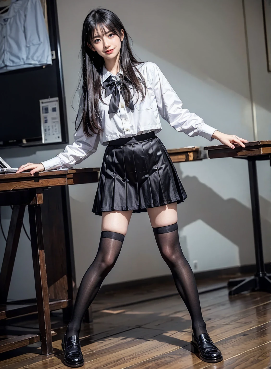 Raw photo, frank, textured skin,( 1 girl),full body, black pantyhose (medium hair:1.2), pale skin, Japan person, glasses, small, young, tall, dark look, bright black eyes, anger, office lady, blue panties visible from skirt, slender body, medium build, small waist, wide thighs, photorealistic, best quality, 8k, masterpiece