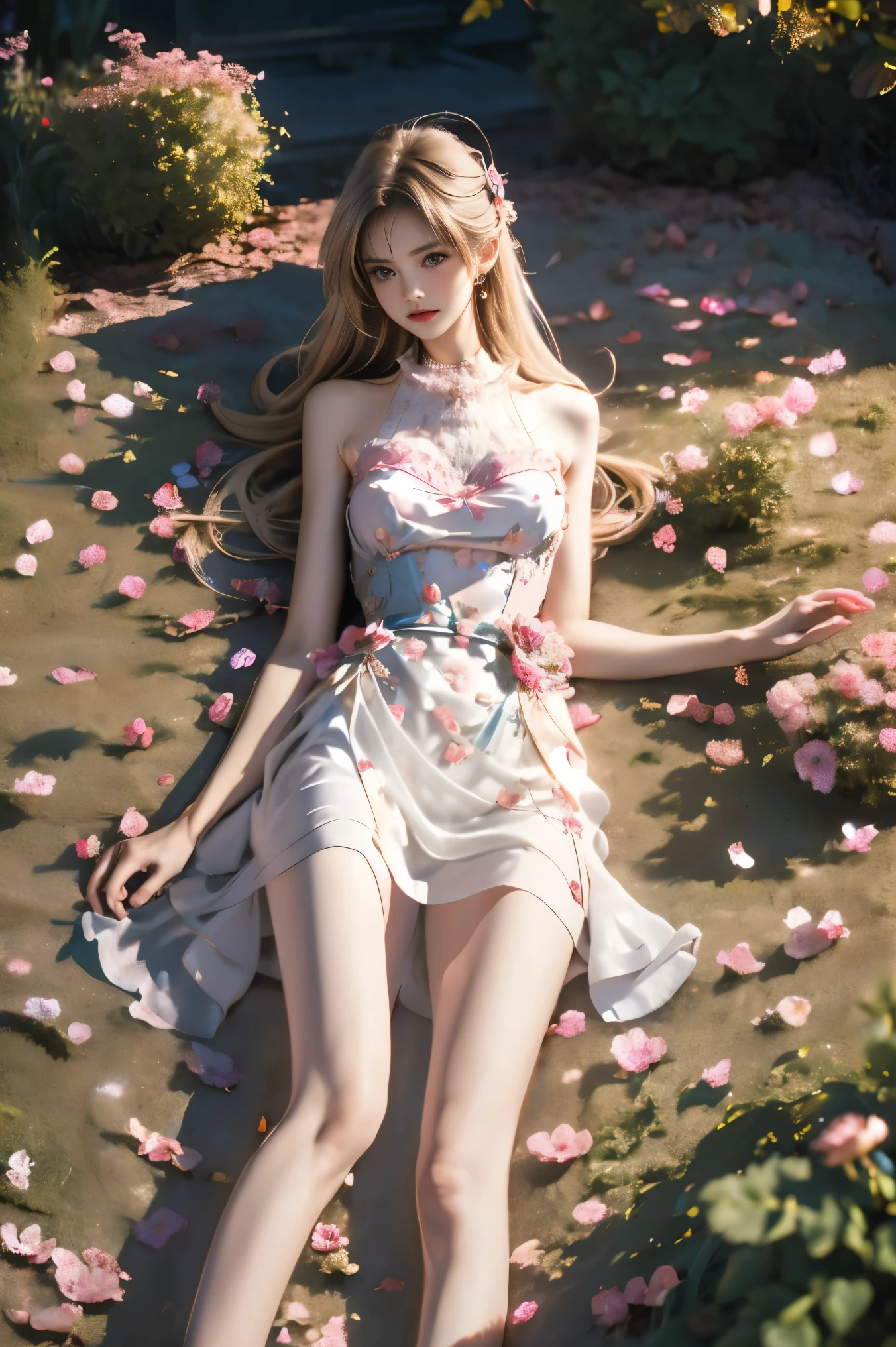 (((Female teacher lying in the flower garden)))v6, earrings, full body v6, (long golden white hair), translucent clothes, looking, superb, ultra high definition, RAW photography, realism 1.25), (bright lip gloss, long eyelashes, smooth) face, bright skin, natural shadows, wide light, wide light, depth of field, strong colors, subtle caustics: 0.8), (big), v6 ( Bra made of transparent white and red flowers, miniskirt,))), sleeveless, (eyes closed, face down)), lower body slender, behind the woman, there are various beautiful flowers (absurd, high resolution, super detailed), ((a little dirty all over, the clothes are also torn))