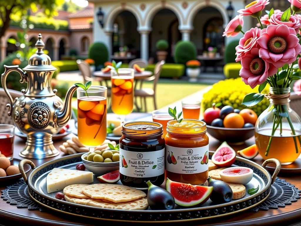 "A luxurious breakfast table set in a sophisticated European-style garden with elegant outdoor furniture, lush greenery, and warm natural lighting. The table prominently features two jars of jam from the brand 'Fruits & Délice,' labeled as 350g—one containing rich fig jam and the other vibrant bitter orange marmalade. Surrounding the jams is a beautifully styled Moroccan breakfast spread, including msemen (layered flatbreads), baghrir (Moroccan pancakes), fresh bread, olives, honey, soft cheese, boiled eggs, and fresh figs and oranges. A traditional Moroccan tea tray (brrad) with an ornate silver teapot and decorative glasses of steaming mint tea completes the scene. The setup seamlessly blends Moroccan culinary charm with European luxury, creating the perfect image for a premium jam advertisement."






