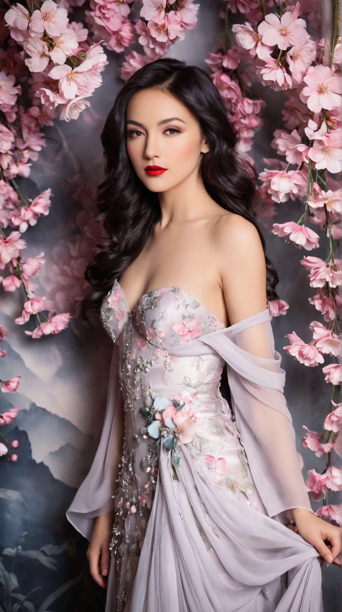 In a whimsical floral backdrop, a graceful European woman elegant shot from the 1920s stands in elegant poise, embodying a dreamlike essence. Her delicate features glow softly, illuminated by the ethereal light filtering through lush, pastel blossoms. Dark waves of hair cascade gently around her shoulders, framing her serene expression.

She wears a flowing gown of bright magical pink radiants one of a kind silk that billows delicately, enhancing her tranquil presence. Her striking red lips provide a vivid contrast, infusing life into the soft, monochromatic hues of the scene.

The artwork is reminiscent of an enchanting ink painting, where fluid brush strokes and intricate line work convey a sense of nostalgia and magic. Soft shades of ink merge seamlessly, while the background bursts with an array of pastel flowers, evoking a breathtaking, dreamlike atmosphere. This composition radiates tranquility and romance, inviting viewers into a timeless moment that feels both captivating and ephemeral.