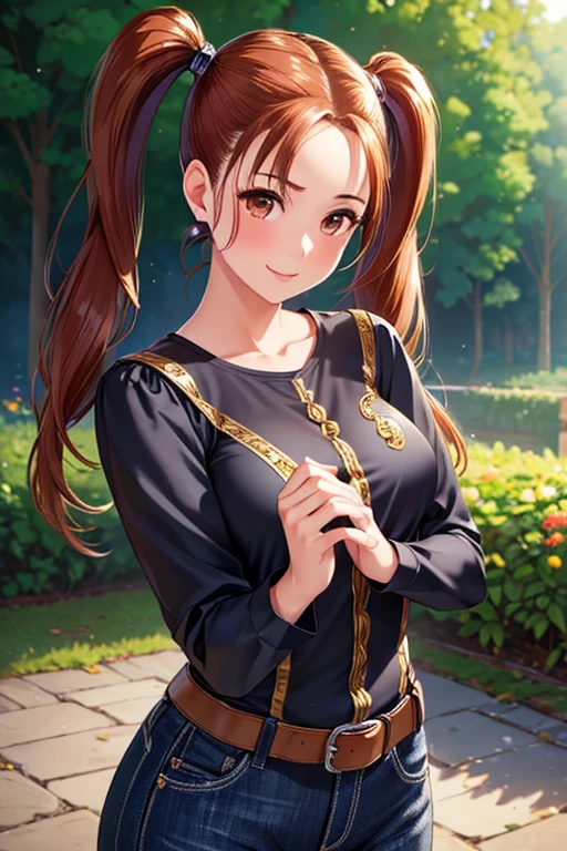 Jessica,  shiny maroon hair,  twin tails, ( beautiful brown eyes、 center split)、smile、 super detailed な目、 very detailed顔,  very detailed目,cowboy shot,、(Alone,  one girl)、 ,Master Piece,  top quality ,  high res, masterpiece , 



超 high res,  high image quality,  top quality ,  super detailed ,  realistic, 8k,  RAW photos,  top quality , masterpiece,  attractive girls,  Amazing Girls , 

 one girl,,  beautiful attention to detail,  Beautiful lips details, smile,  cowboy shot 、
 black long sleeve shirt, long black jeans,   is standing,   Full Body Shots  , garden, ( top quality ,8k, high res,masterpiece:1.2), very detailed,( realistic,photo realistic,photo- realistic:1.37), high res, brightly colored , natural light, Cinematic Atmosphere ,fantasy, soft lighting 